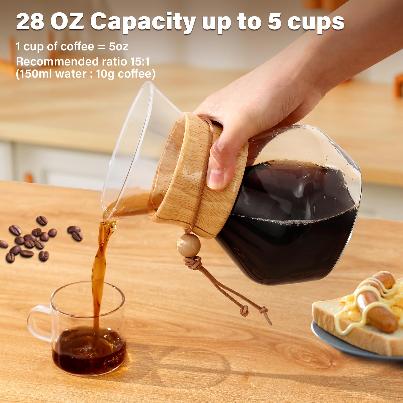 Premium Pour Over Coffee Maker with Double Layer Stainless Steel Filter - 28oz/800ml Glass Coffee Dripper Brewer, Heat Resistant Carafe & Wooden Collar - Perfect for Home, Office, Camping & Gift Giving