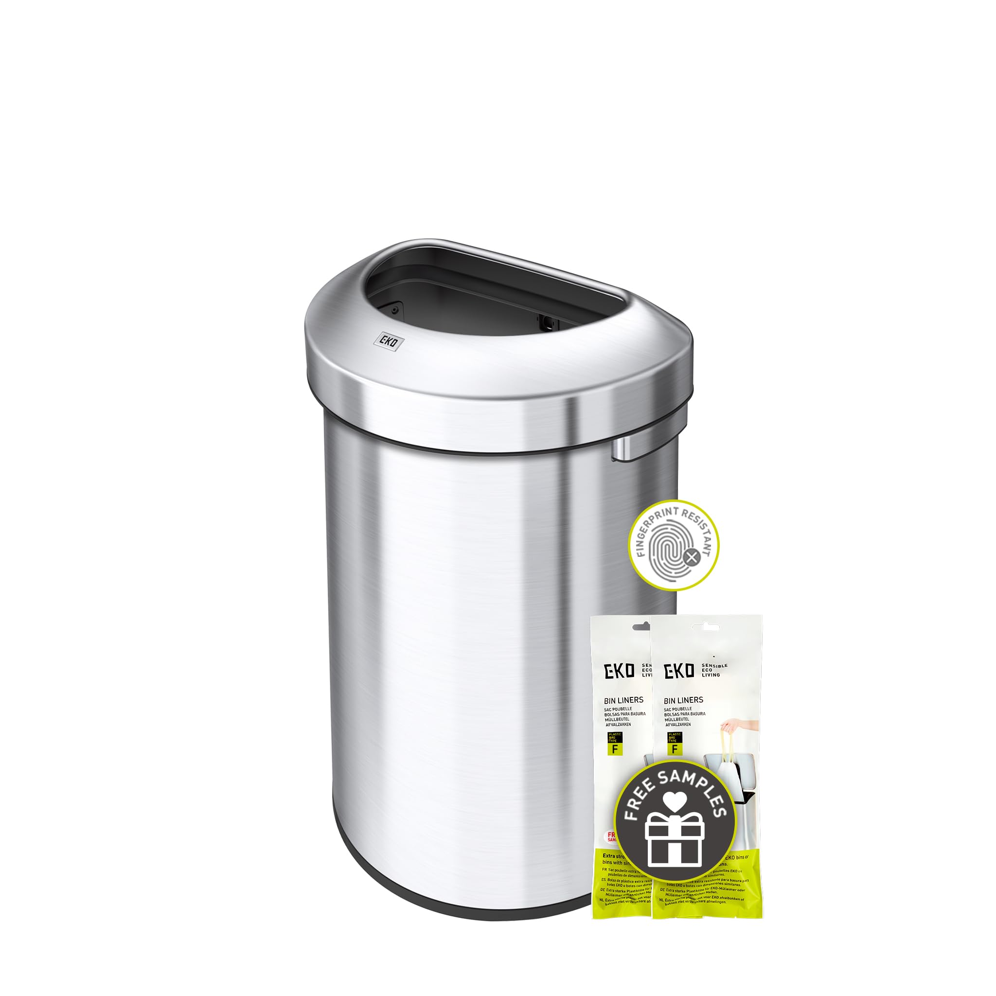 EKO Urban 16 Gallon Stainless Steel Semi-Round Commercial Trash Can - Large Metal Garbage Bin for Home, Office, Restaurant & Restroom - Indoor/Outdoor Use - Perfect for Kitchen, Bathroom, Lobby & Patio Waste Disposal (60L Capacity)