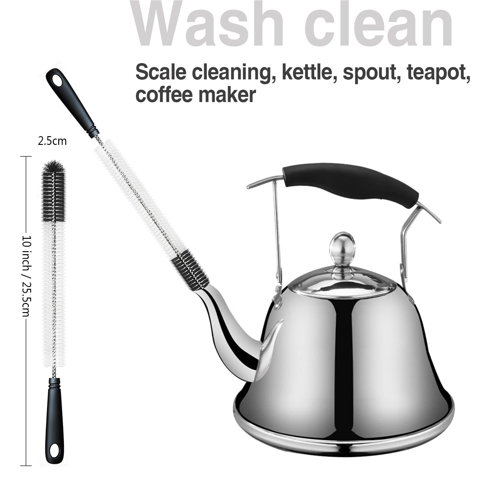 5-Pack Multipurpose Bottle Cleaning Brushes Set - Long Handle Brush for Wine, Beer, Thermos, S'Well & Sports Water Bottles - Includes Kettle Spout Brush and Straw Cleaner (Black) - Perfect for Home, Kitchen, Camping and Office Use