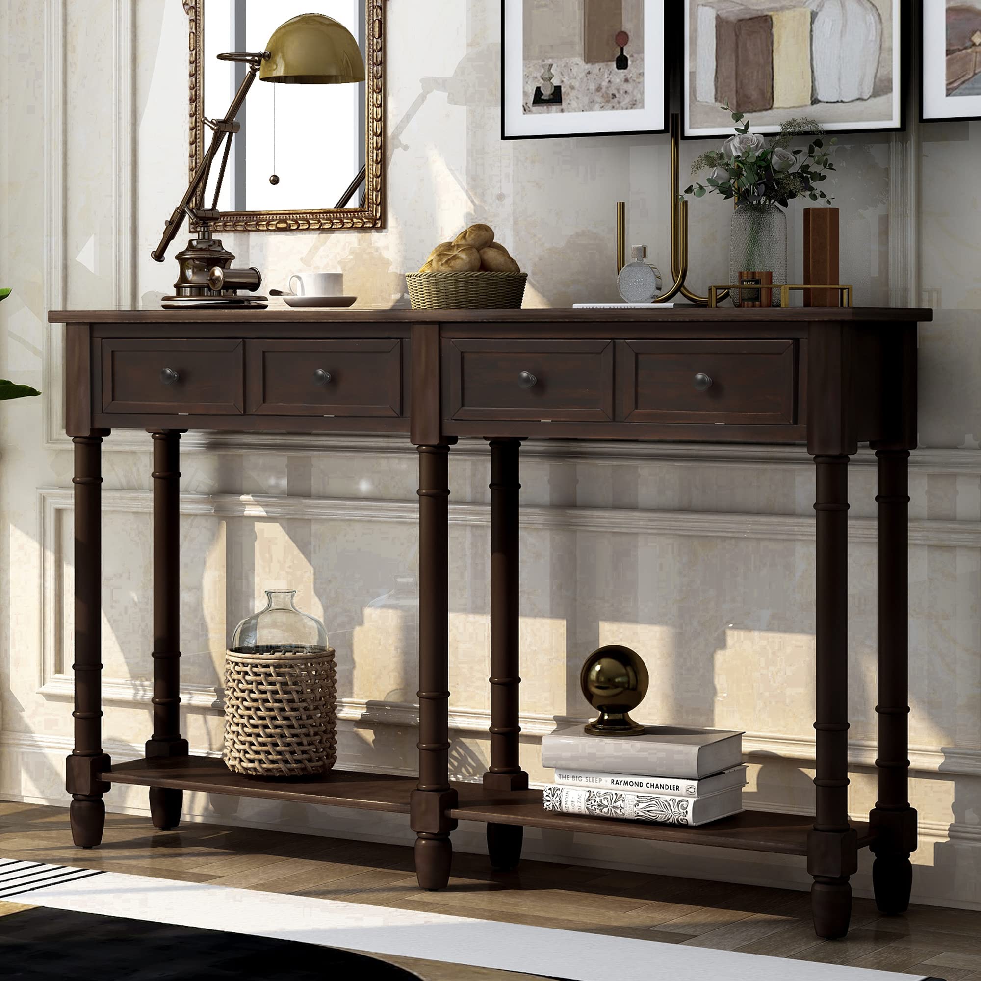 Merax Wood Sofa Table Console Table with Drawers & Long Shelf - Entryway Table for Living Room, Hallway, Dining Room - Easy Assembly Espresso Brown - Perfect for Small Spaces, Home Decor & Storage Solutions