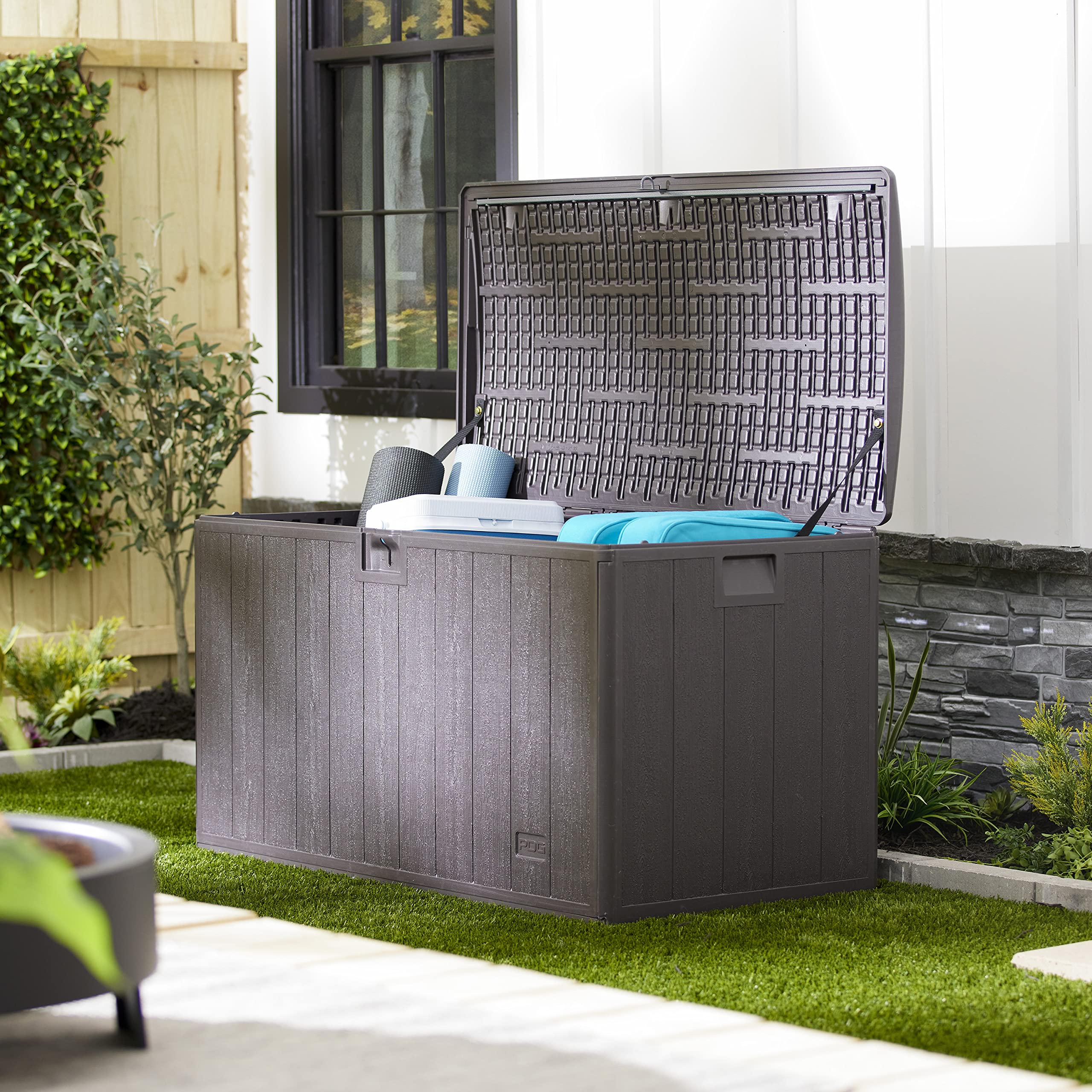 105 Gallon Outdoor Storage Deck Box with Standard Closure - Durable Plastic Deck Box for Patio, Garden & Backyard Organization - Java Brown Weather-Resistant Deck Storage Container