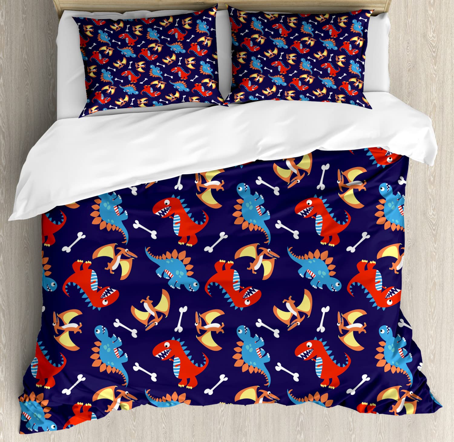 Ambesonne Dinosaur Duvet Cover Set - 3 Cartoon Dinosaur Designs with Funny Expressions & Bones Print - 2 King Size Duvet Covers & 4 Pillowcases - Navy Blue Orange Red - Perfect for Kids' Bedrooms, Dinosaur Themed Decor, and Fun Bedroom Makeovers