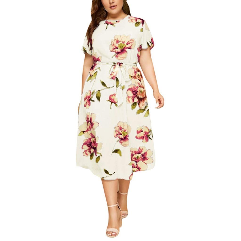 Ulanda Women's Plus Size Casual Short Sleeve Chiffon Floral Dress with Belt - Elegant Summer Midi Dress for Curvy Women | Perfect for Office, Party & Special Occasions