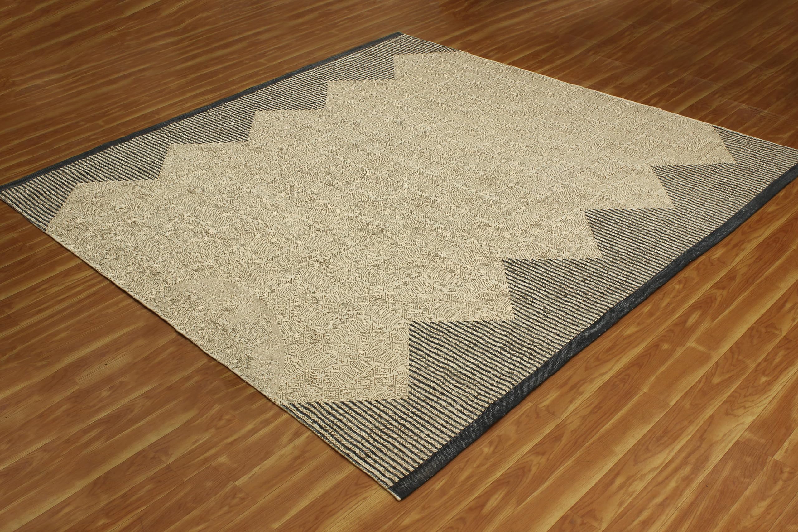 10x10 Ft Brown & Black Cotton Dhurrie Striped Kilim Rug - Square Flatweave Collection for Indoor & Outdoor Use - Perfect for Bedroom, Dining Room, High Traffic Areas, and Entryway Doormat
