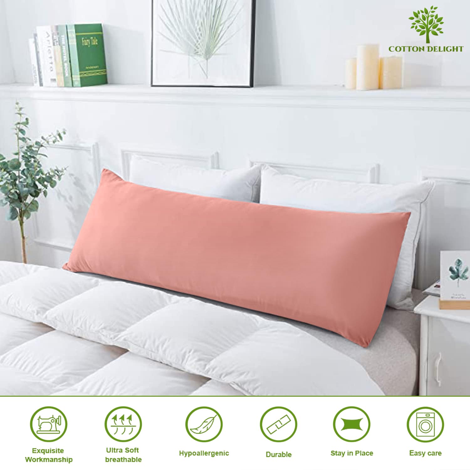 Premium 100% Natural Cotton Body Pillow Cover - 20x60 Inches, 600 Thread Count, Soft Blush Pink with Zipper Closure - Perfect for Sleeping, Lounging & Maternity Support