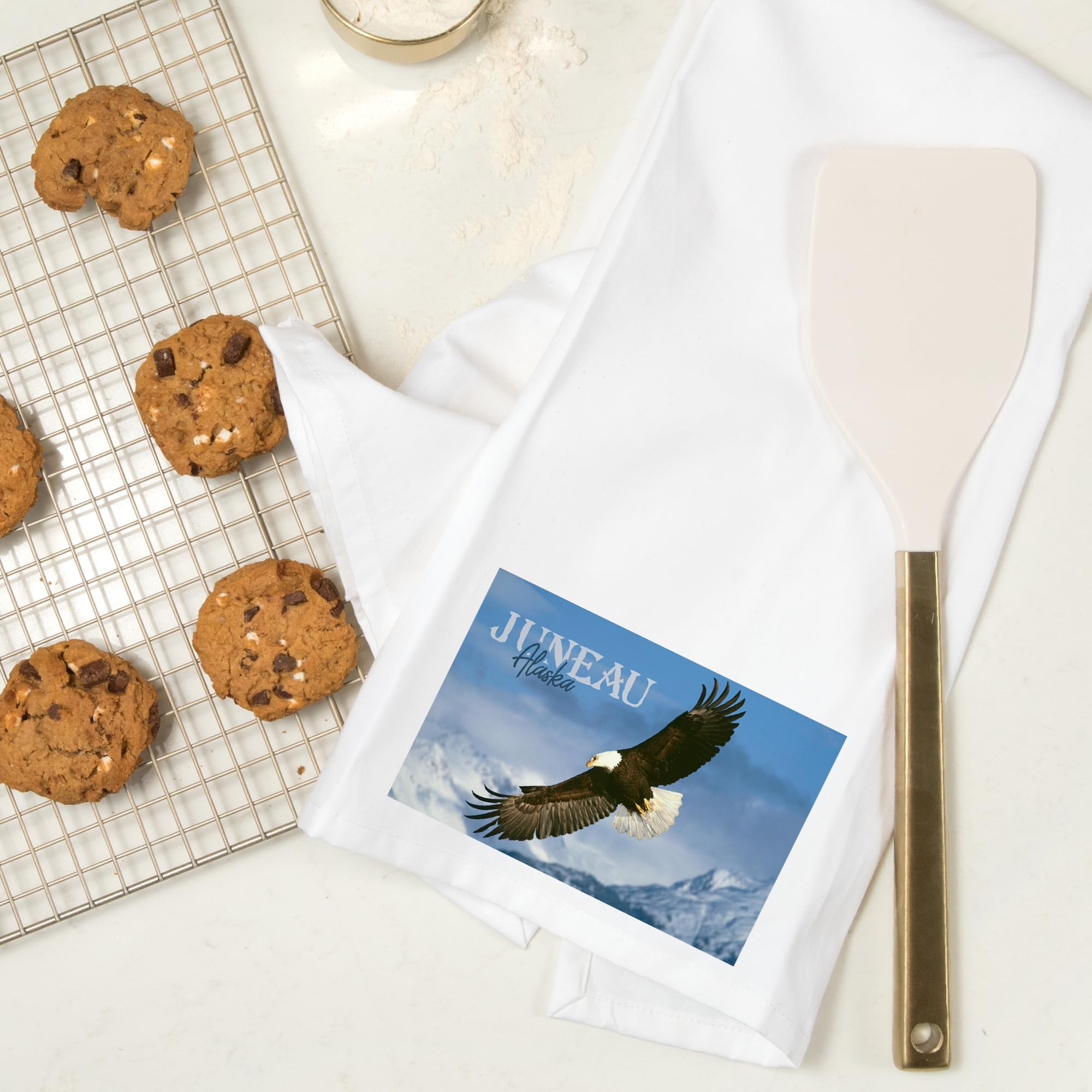 Lantern Press Juneau Alaska Eagle Soaring 100% Cotton Tea Towel - Decorative Hand Towel for Kitchen, Home Decor & Gifts - Perfect for Dish Drying, Wall Art & Cozy Cabin Decor