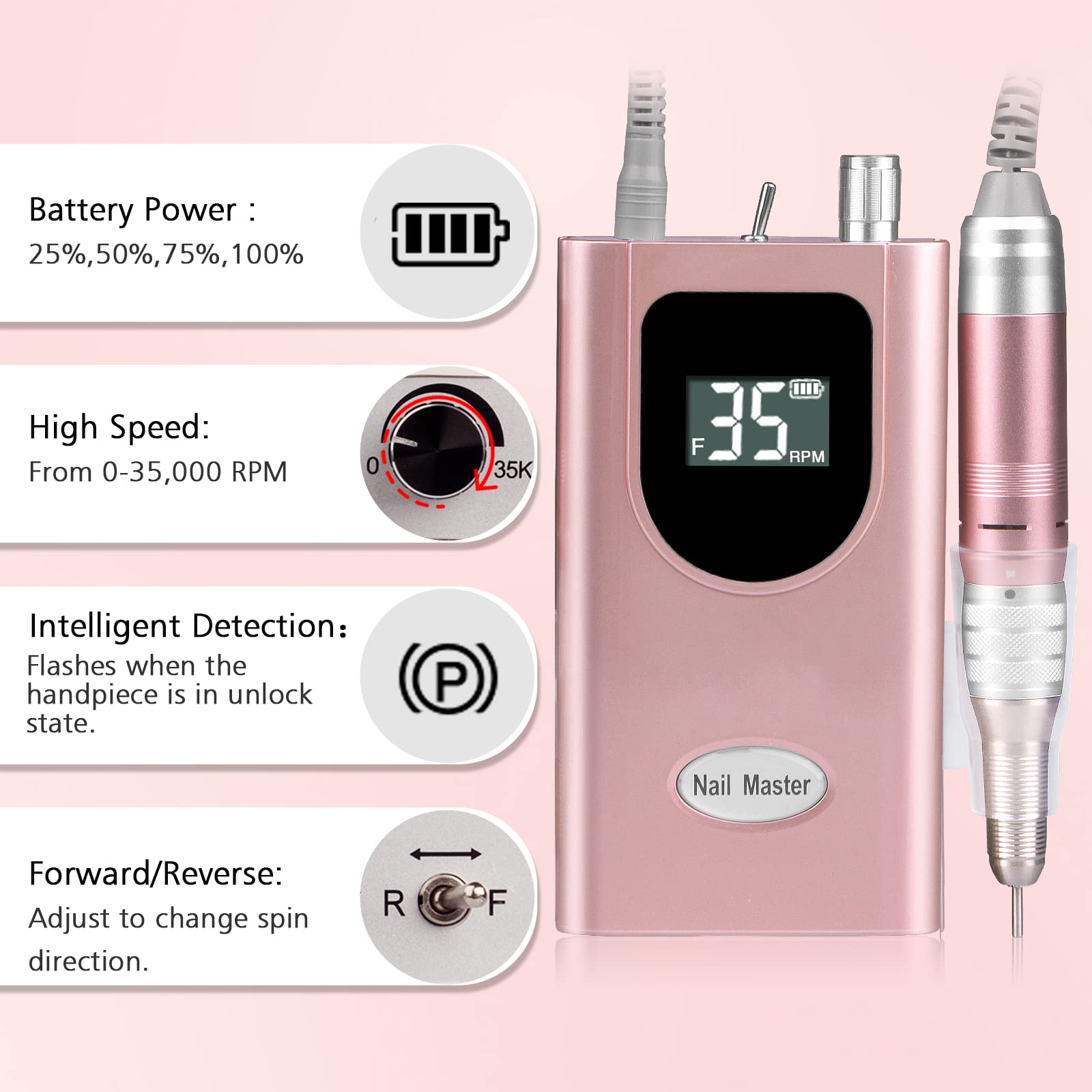 HoMove 35000RPM Professional Cordless Nail Drill Machine - Rechargeable Electric Efile for Acrylic & Gel Nails | Portable Manicure/Pedicure Tool | Salon & Home Use (Rose Gold)