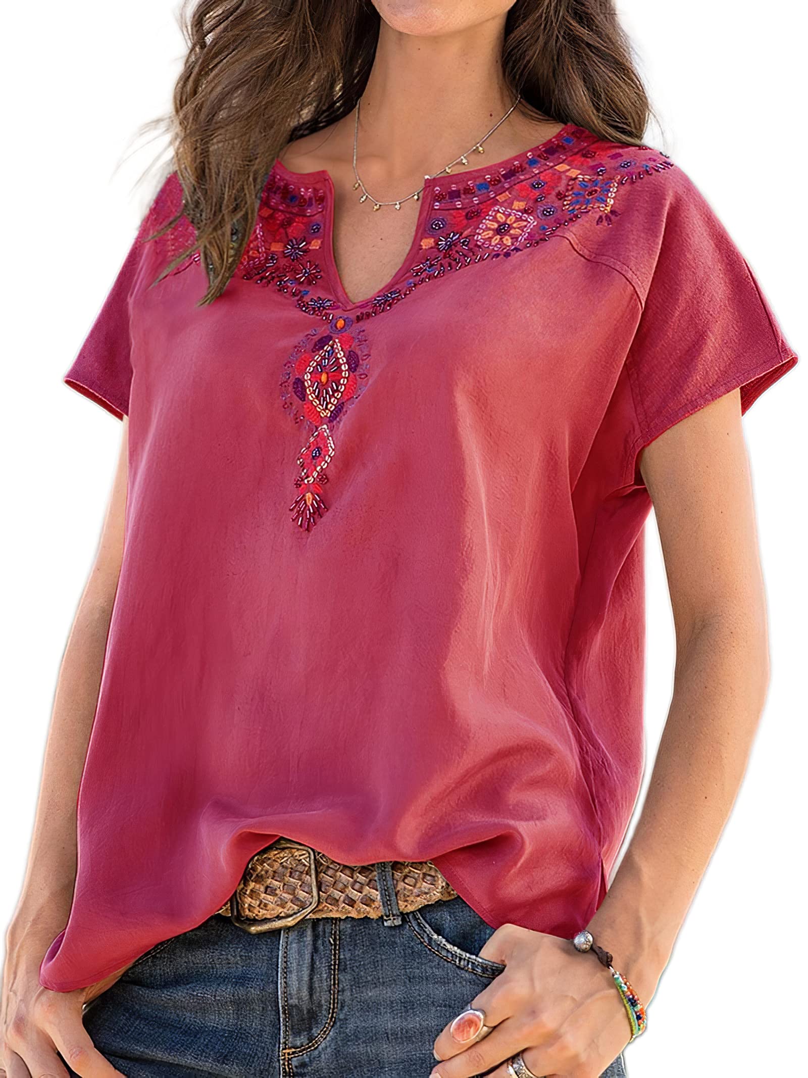 Women's Summer Casual Boho Embroidered V-Neck Short Sleeve Tops - Solid Color Mexican Style T-Shirts for Beach, Vacation & Everyday Wear