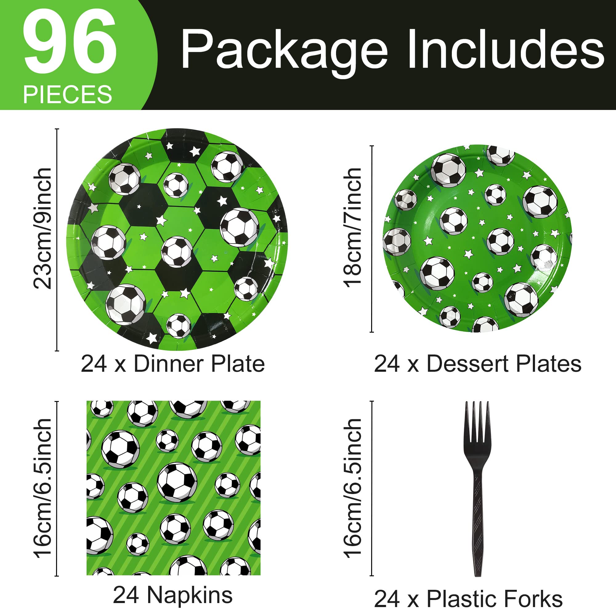 Soccer Party Supplies for 24 Guests - 96 Piece Set with Dinner Plates, Dessert Plates & Napkins - Themed Paper Plastic Plates for Boys Birthday Party, Game Day Decorations & Sports Celebrations