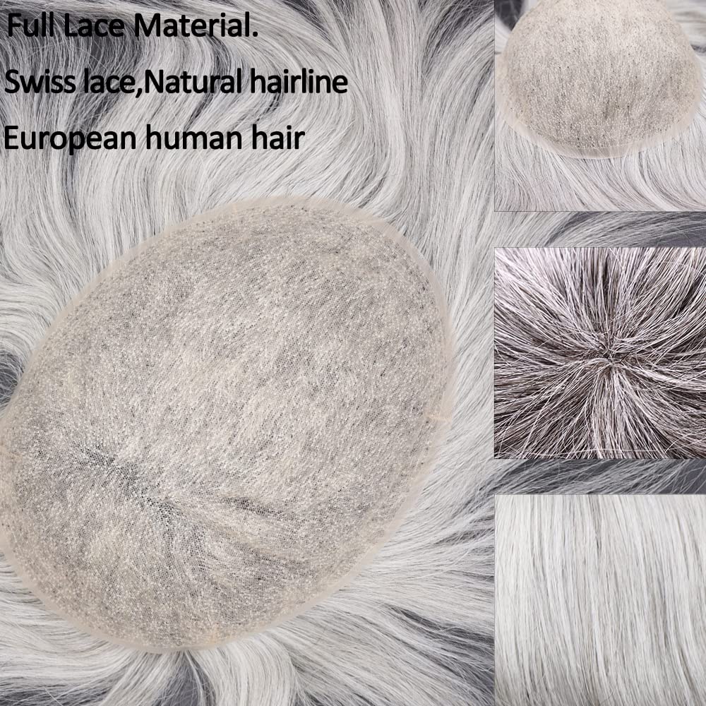 Premium European Human Hair Toupee for Men - Soft Full Swiss Lace Hair Replacement System - 10