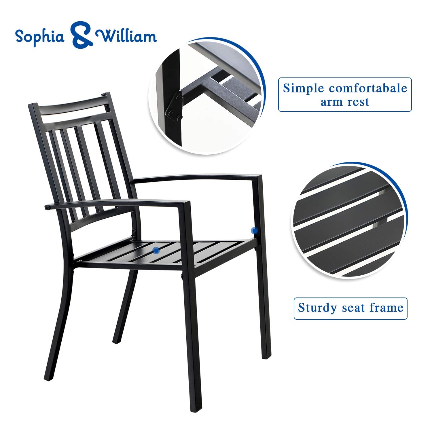 Sophia & William 2-Piece Black Metal Outdoor Dining Chairs Set - Stackable E-Coated Wrought Iron Patio Chairs for Garden, Backyard, Poolside & Restaurant Use