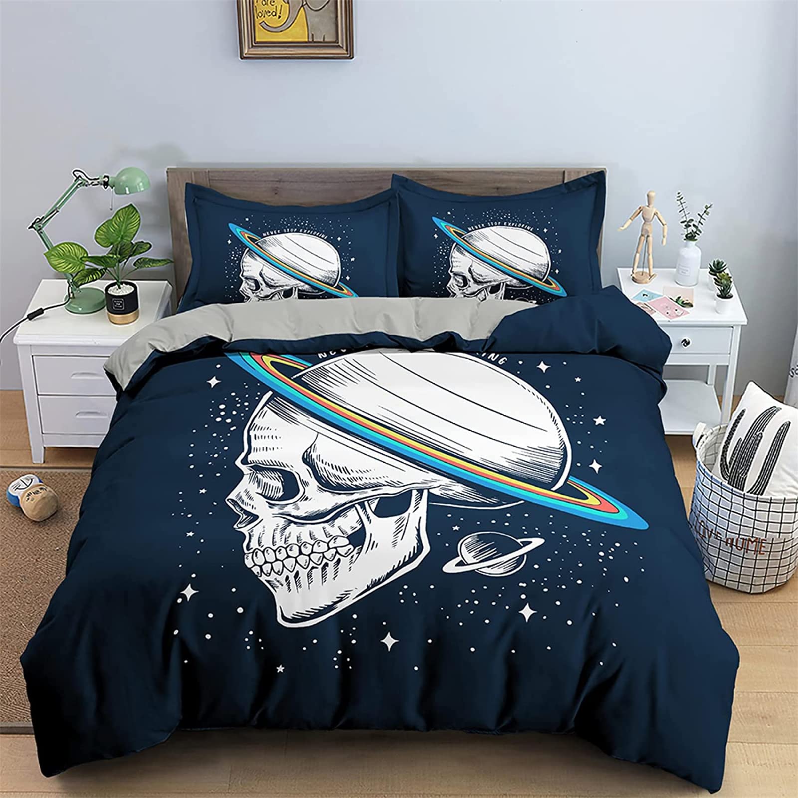 3D Printed Skull Planet Twin Duvet Cover Set - Soft Microfiber Comforter with Zipper Closure & 2 Matching Pillowcases (20