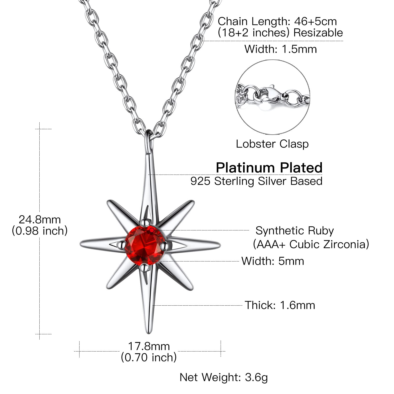 Suplight 925 Sterling Silver Dainty Birthstone North Star Starburst Stud Earrings & Necklace Set for Women | Zodiac Jewelry Gift for Birthday, Anniversary & Everyday Wear
