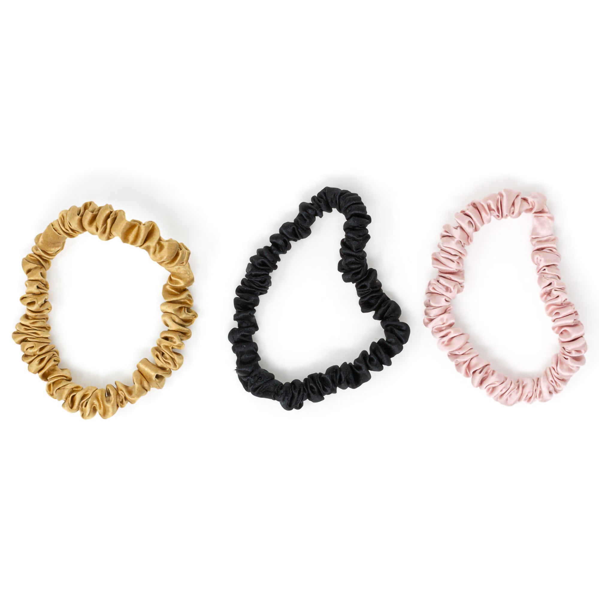 Blissy Silk Scrunchie 3 Pack - Skinny Black, Gold & Pink Hair Ties for Women - Gentle on Hair, No Pull, No Crease - Perfect for Sleeping, Workouts & Everyday Use
