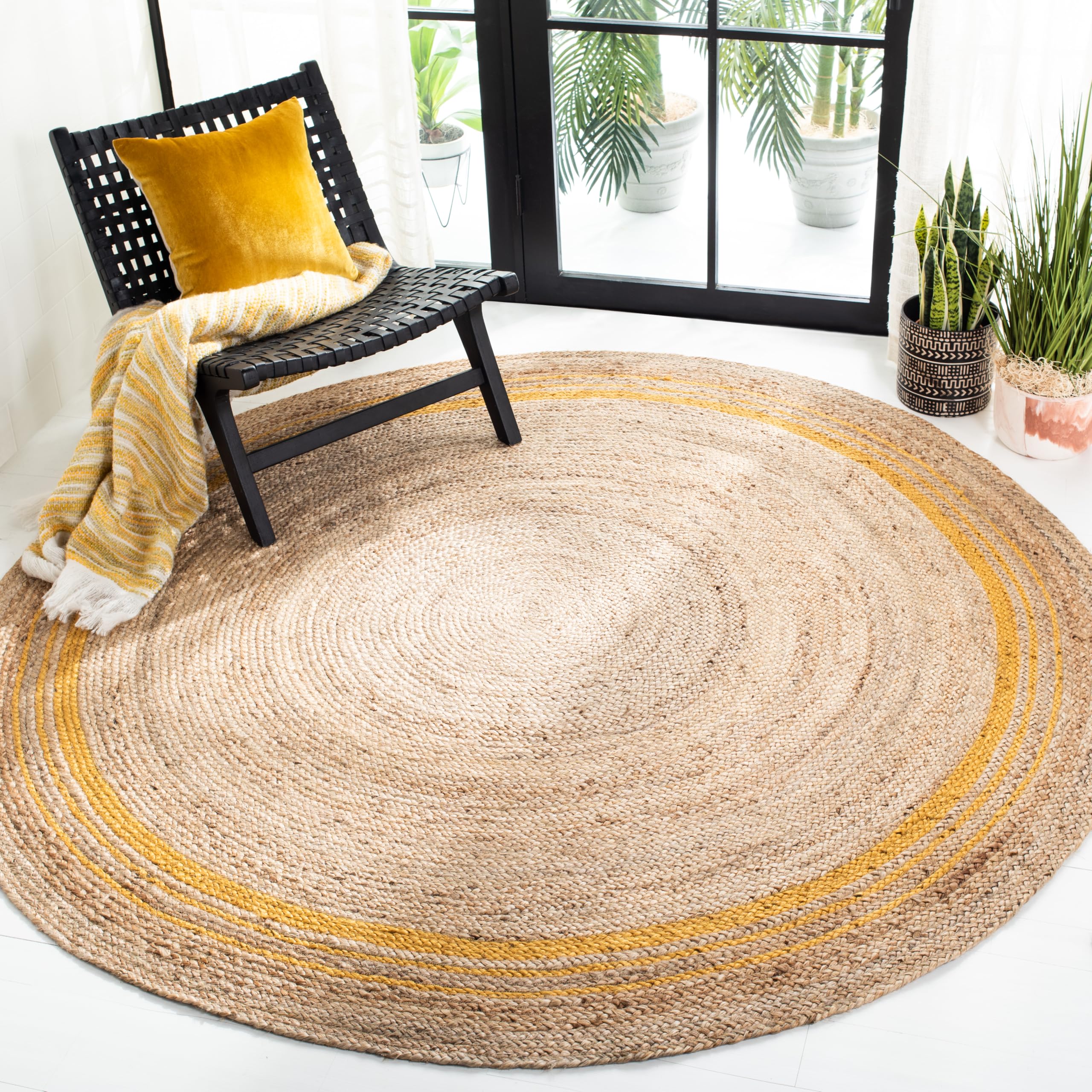 SAFAVIEH Handmade Boho Braided Jute Area Rug - 7' Round Natural Fiber Rug in Beige & Gold (NF807B) | Perfect for Living Room, Bedroom, or Boho Chic Home Decor