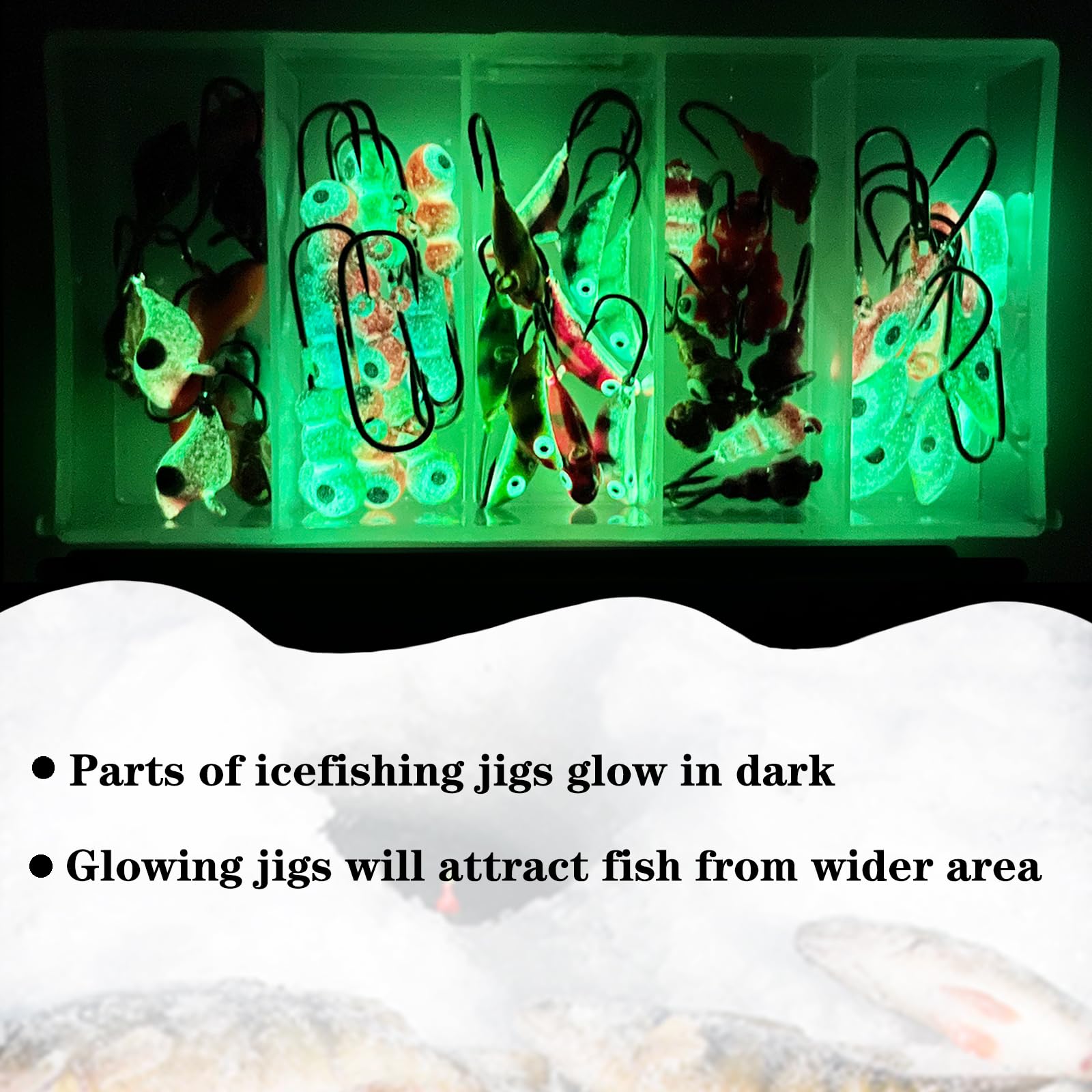 Bombite Glow in the Dark Ice Fishing Lures Kit - 30/50 Pack Crappie Jig Heads with Tackle Box for Winter Fishing | Ice Fishing Gear for Trout, Perch & Panfish | Perfect for Night Fishing & Low Light Conditions