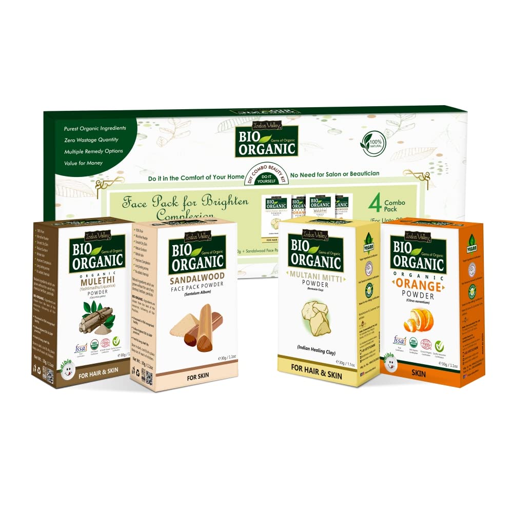 INDUS VALLEY Organic Face Pack Set - Mulethi Powder, Sandalwood, Orange Peel & Multani Mitti (4 x 30g) | Natural Skincare for Glowing Skin | Perfect Beauty Gift for Women | Daily Cleansing & Brightening Treatment