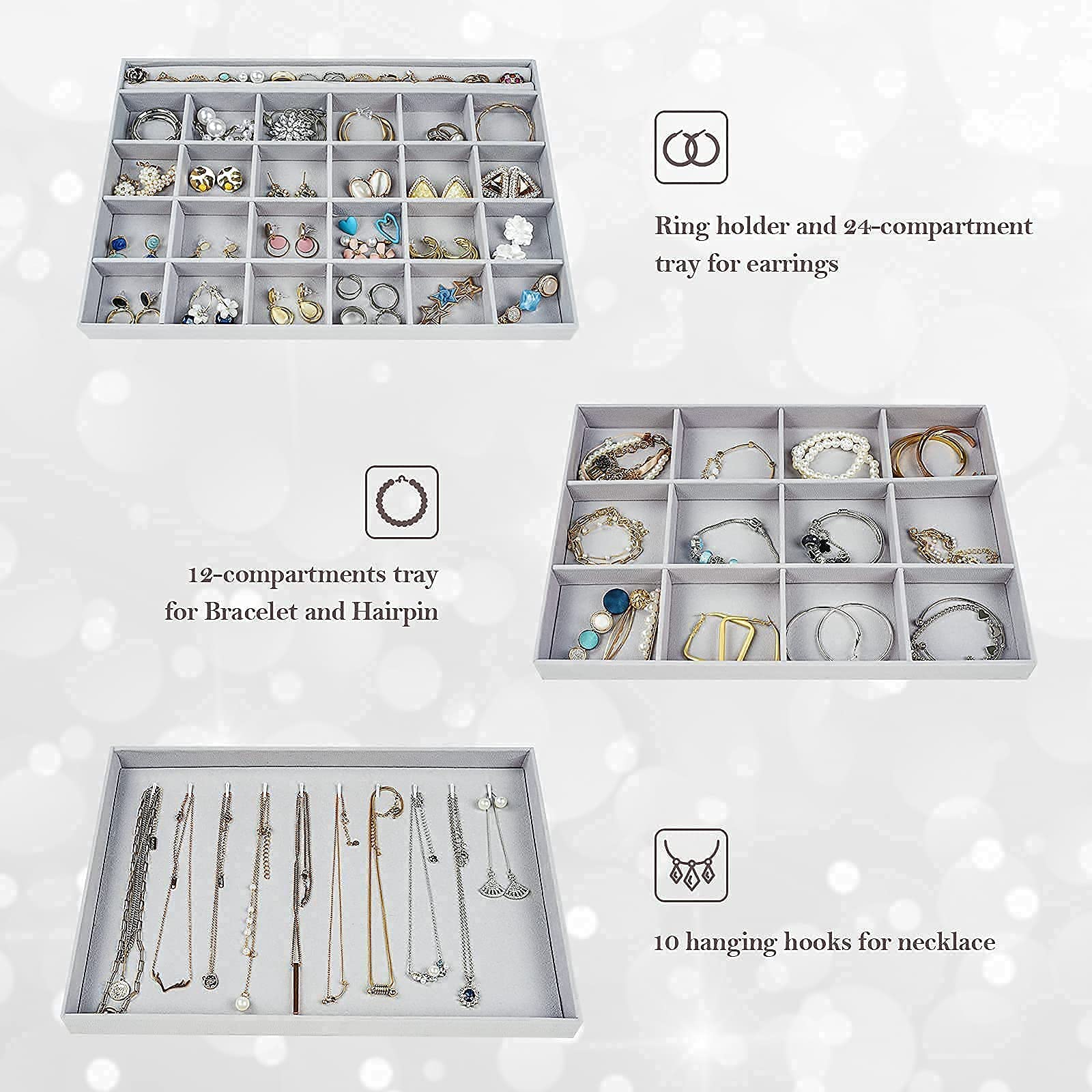 ProCase 2-Layer Jewelry Organizer with 3 Stackable Trays - Necklace, Ring & Earring Storage Case for Drawer, Vanity or Dresser | Perfect for Travel, Home & Retail Display