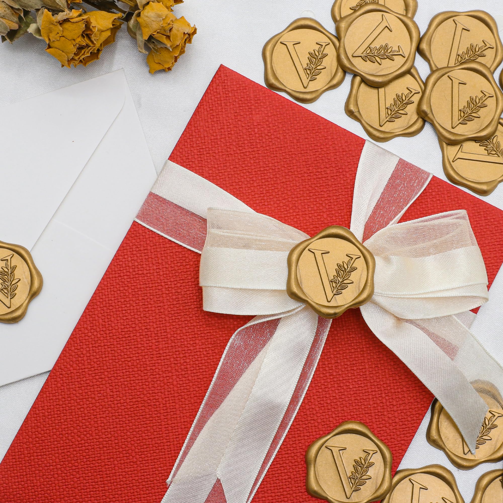 SWANGSA 50 Gold Wax Seal Stickers - Botanical Leaves Initial V for Wedding Invitations & Envelopes