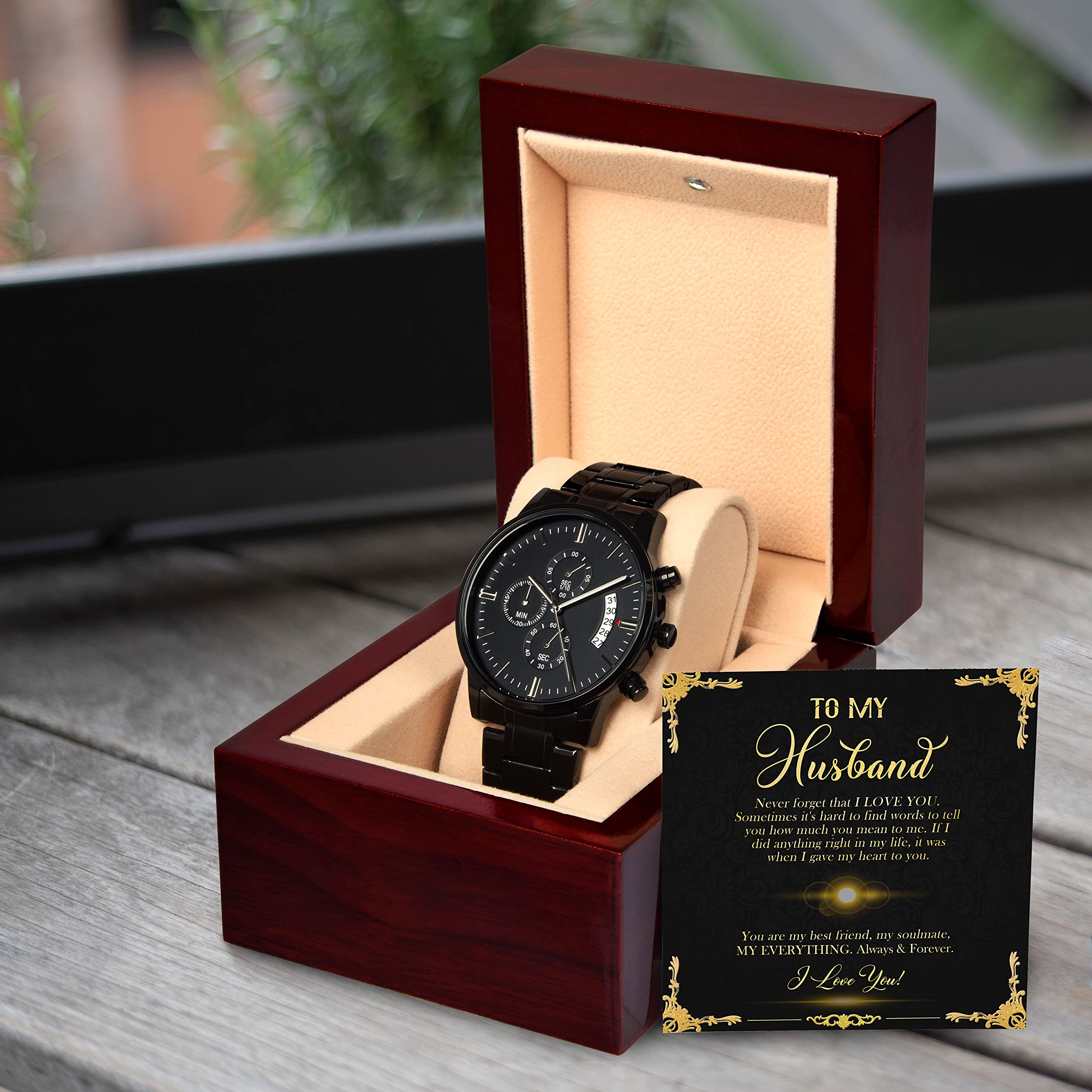 LOLUIS Men's Black Chronograph Watch - Elegant Anniversary & Birthday Gift for Husband - Engraved 'To My Husband' - Perfect for Formal Events, Date Nights & Special Occasions