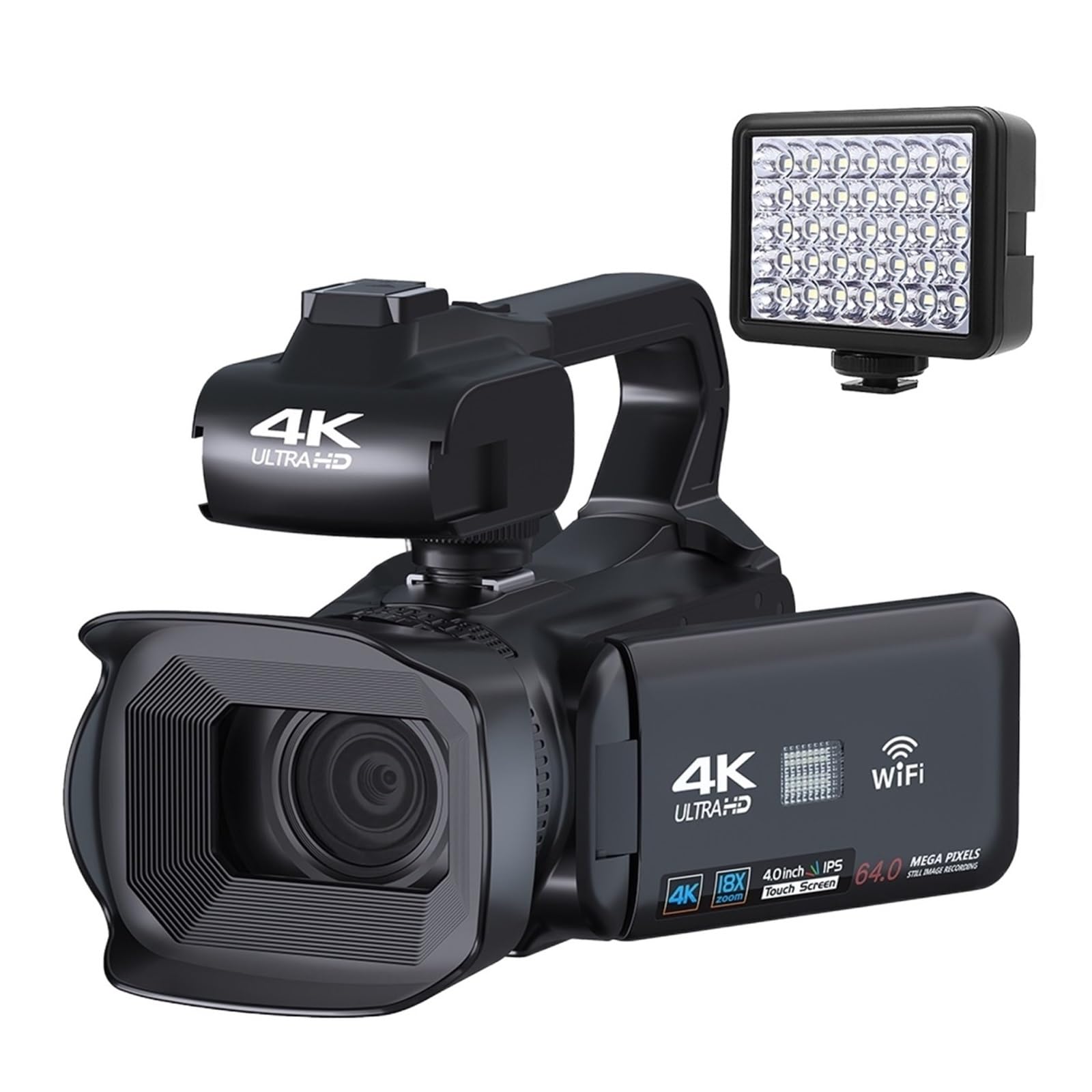 4K Digital Video Camera with Auto Focus & 18X Zoom - 64MP WiFi Streaming Camcorder, 4