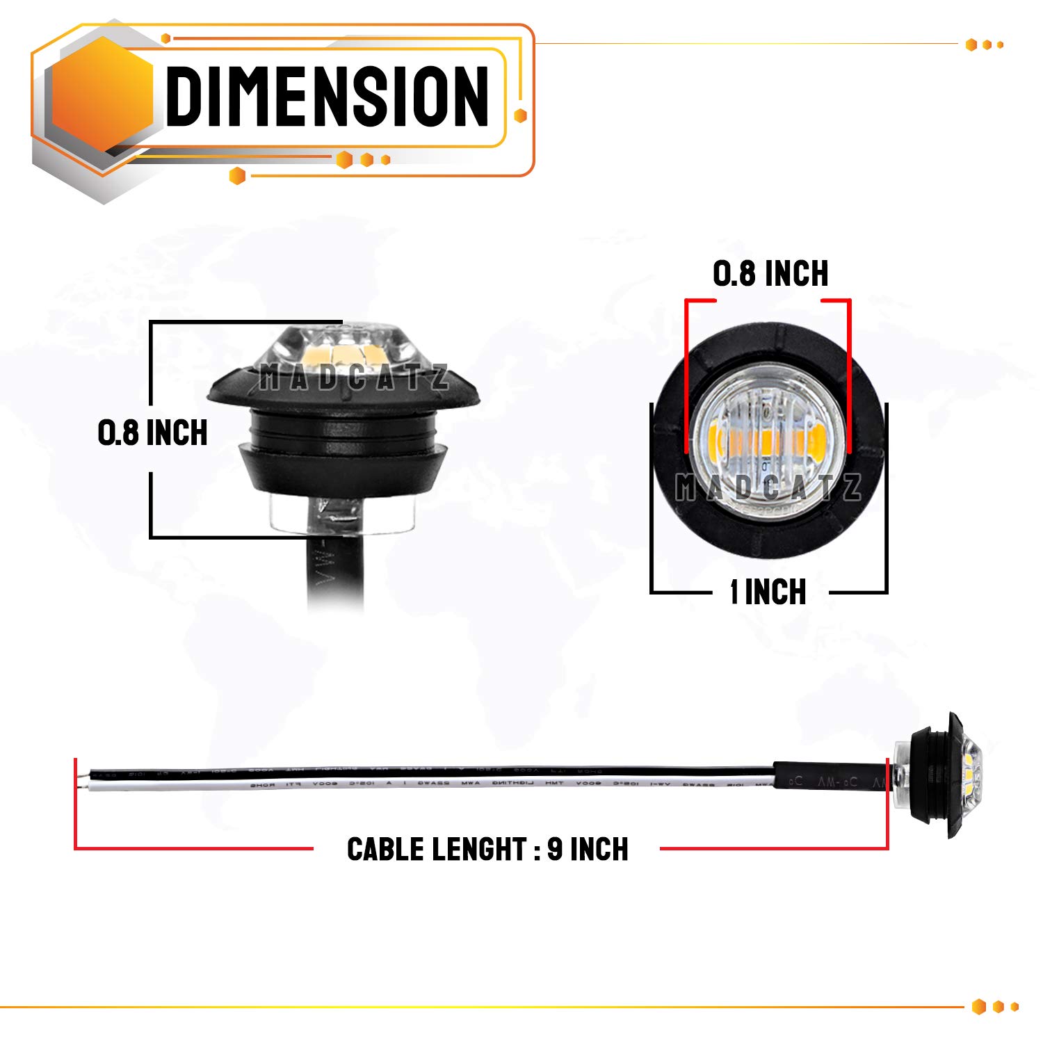 MADCATZ 3/4 Inch Clear Lens LED Side Marker Lights - 100 Amber & 100 Red Flush Mount for Trailer, Truck, Bus, Car - 12V DC - Durable & Bright Indicator Lights for Road Safety & Night Visibility