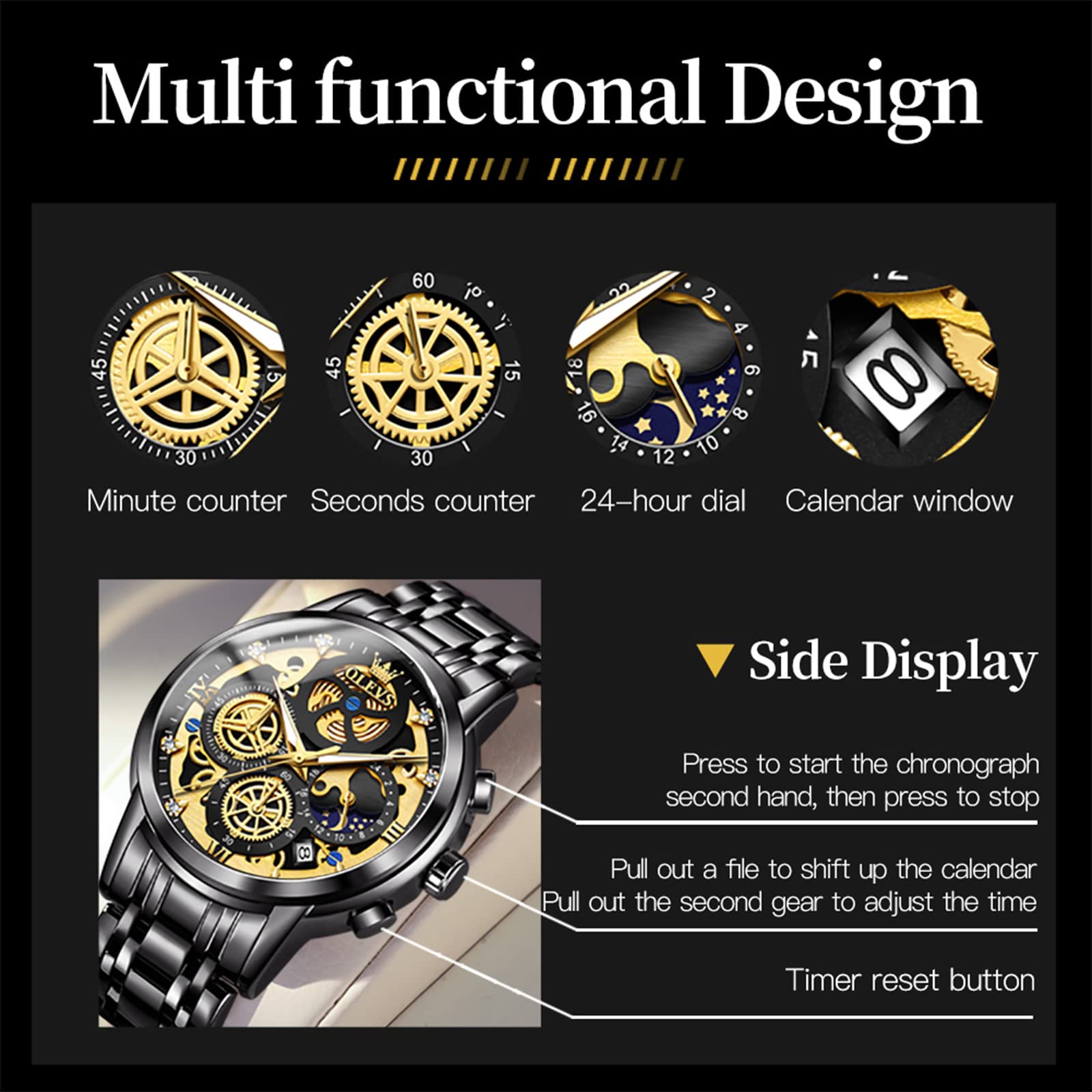 OLEVS Men's Skeleton Stainless Steel Chronograph Watch - Waterproof Analog Wristwatch with Date Display | Luxury Business Dress Watch for Men (Blue/Black/Gold/White) | Perfect for Office, Formal Events & Everyday Wear