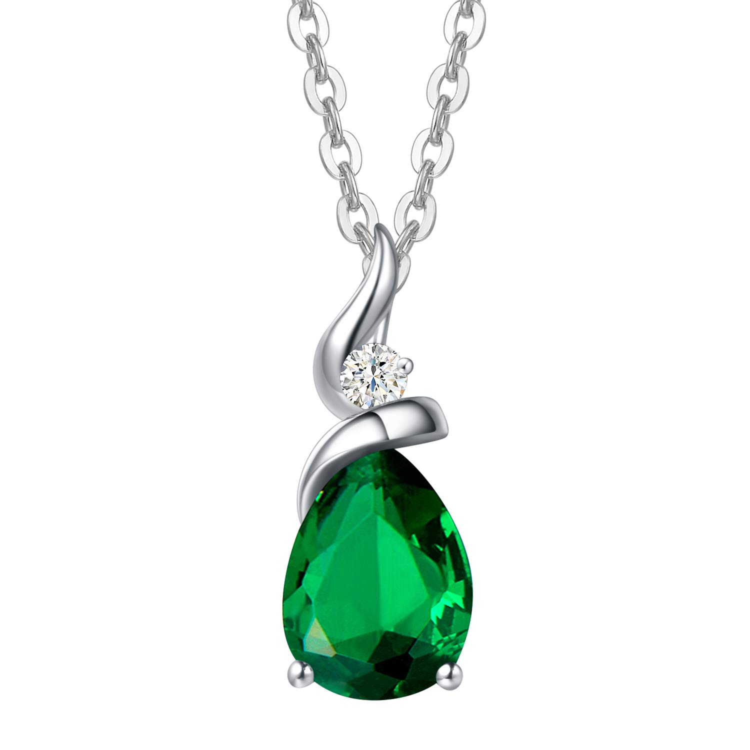 14K Solid White Gold Birthstone Pendant Necklace for Women - Pear Shaped Diamond Teardrop Necklace | Personalized Birthday Gift for Mom | Sterling Silver Chain 16