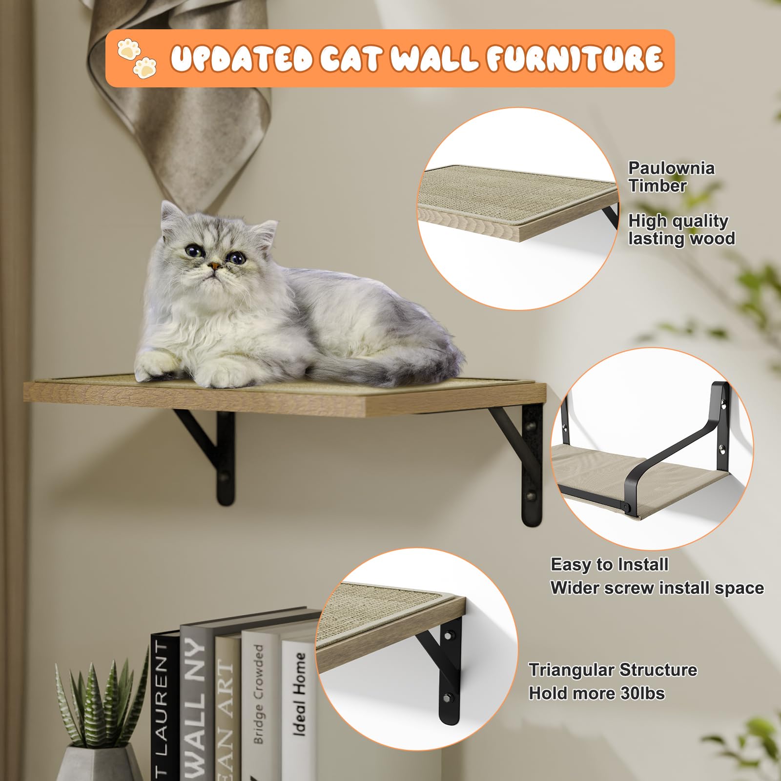 Premium Cat Wall Shelves & Hammock Set - Multi-Level Climbing Perch with Sisal Mat - Wall Mounted Cat Furniture for Sleeping, Playing & Exercise - Perfect for Indoor Cats in Apartments & Homes