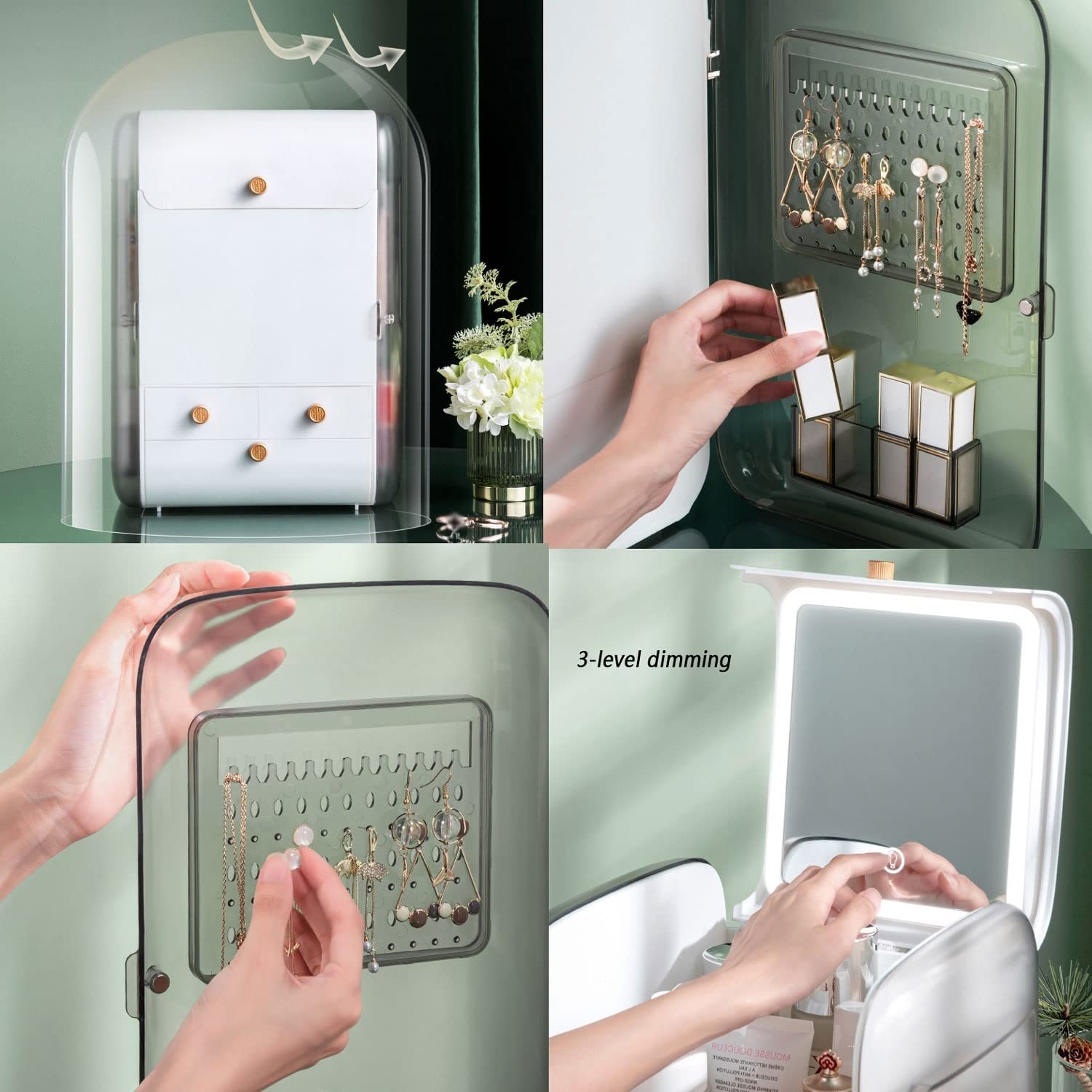 LED Makeup Organizer with 3-Level Dimming Mirror - 3-Tier Cosmetic & Jewelry Storage Box for Lipstick, Necklace, Accessories - Perfect for Bedroom Dresser, Vanity Table & Bathroom Counter (Green)