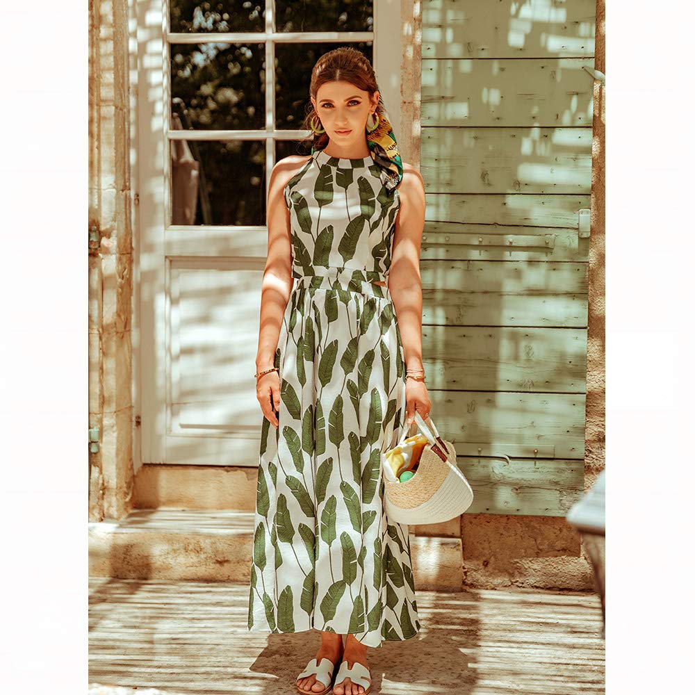 Chicwish Women's Summer Floral Print Halter Neck Sleeveless Maxi Dress - Palm Green Leaf & Pink Floral Design for Beach Party, Vacation & Special Occasions