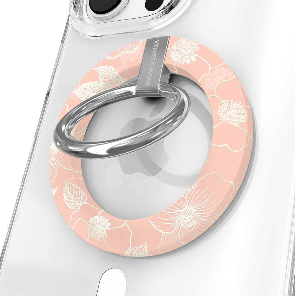 Peach Blossom Floral MagSafe Phone Grip Ring - Compatible with iPhone 12/13/14/15 Pro Max - Decorative Magnetic Phone Holder for Women - Perfect for Daily Use, Travel & Selfies