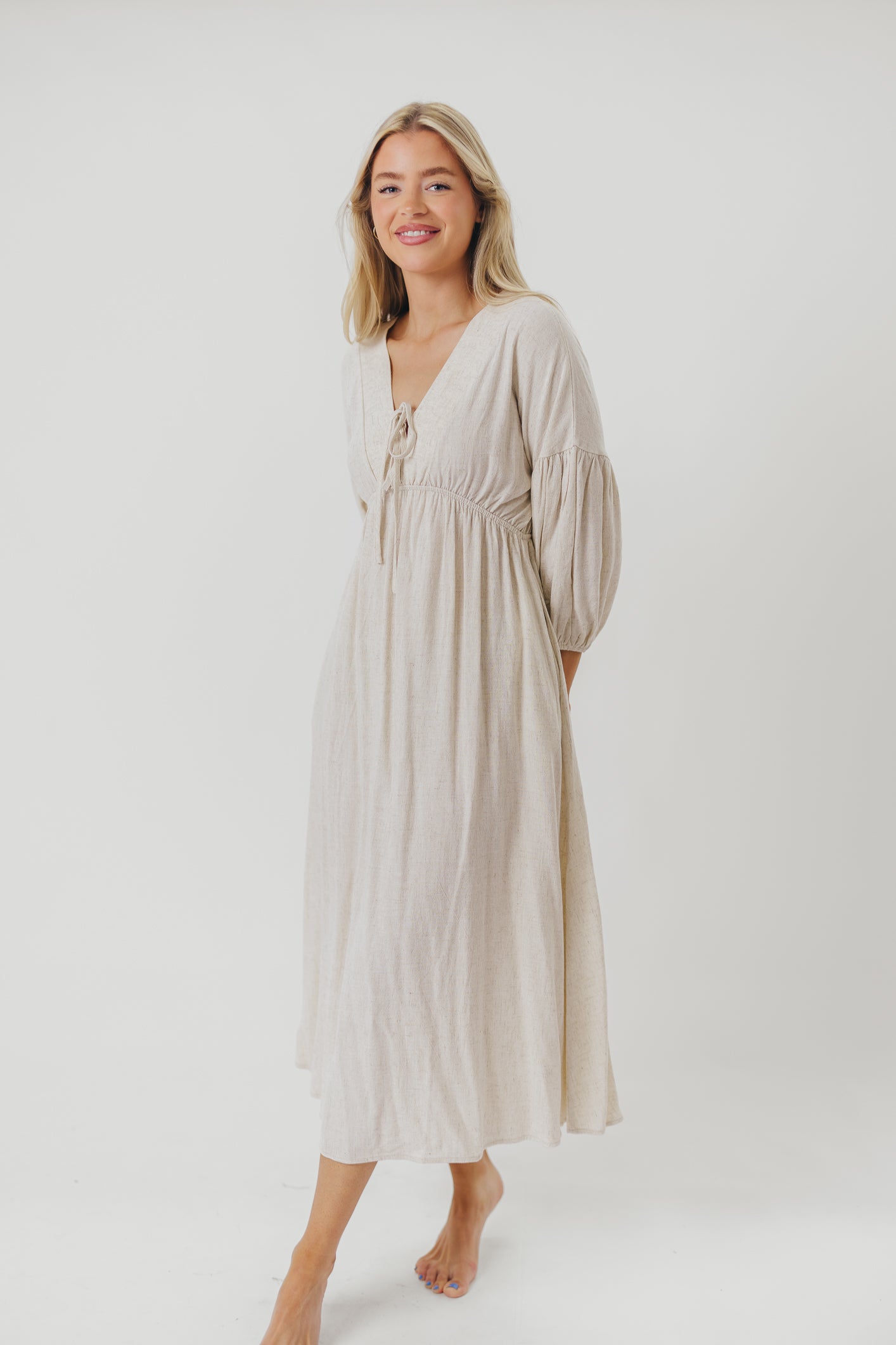Hunter Linen Blend Midi Dress in Greige - Bump Friendly Maternity Dress with Inclusive Sizing | Perfect for Pregnancy, Nursing, and Everyday Comfort Wear