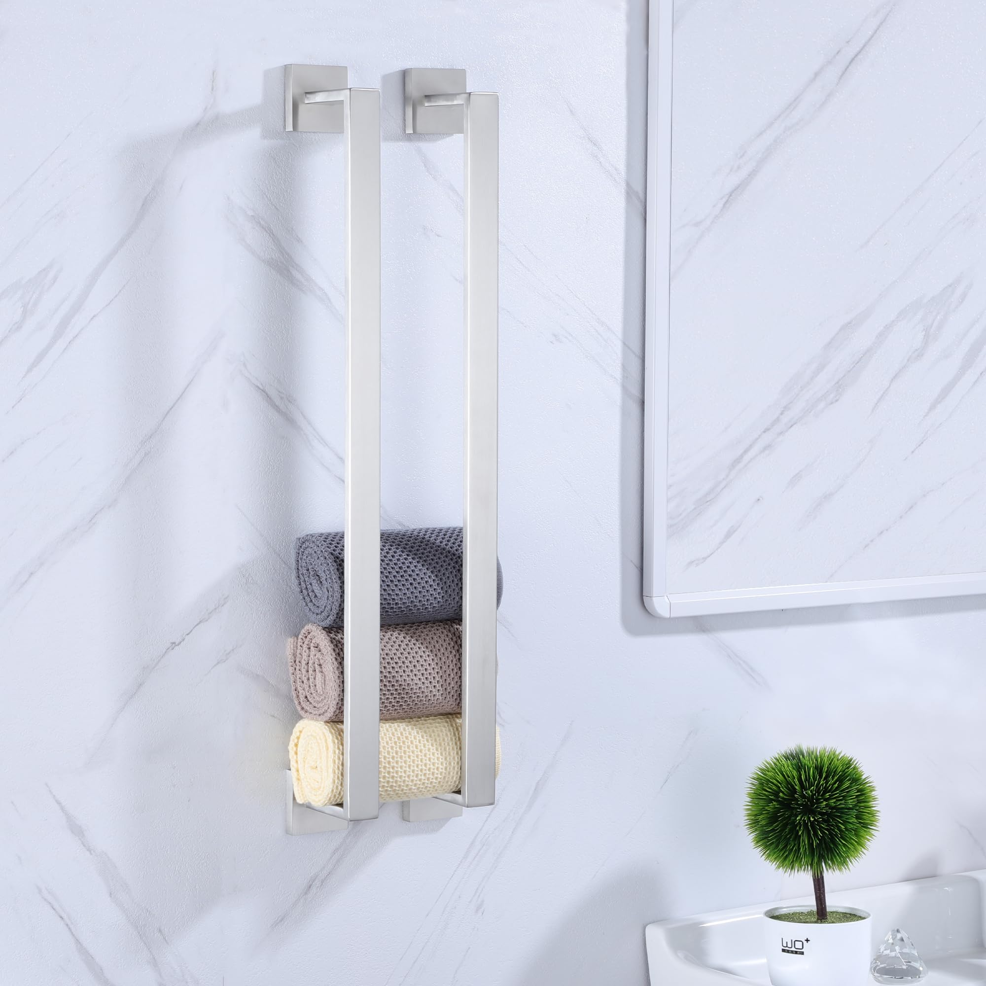 16 Inch Brushed Nickel Square Towel Bars - 2 Pack Stainless Steel Wall Mounted Bathroom & Kitchen Towel Racks for Hand/Shower Towels (A8804-4BN) - Perfect for Modern Bathrooms, Guest Rooms & Spa-Style Showers