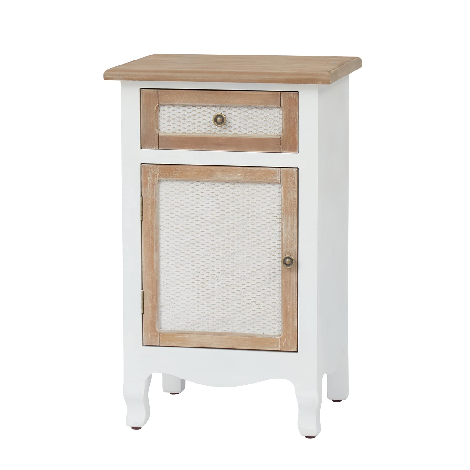 Kinbor Wood End Table with Rattan Drawer - Small Nightstand & Rustic Side Table for Bedroom, Living Room, Hallway - White Accent Cabinet for Sofa & Bedside Use