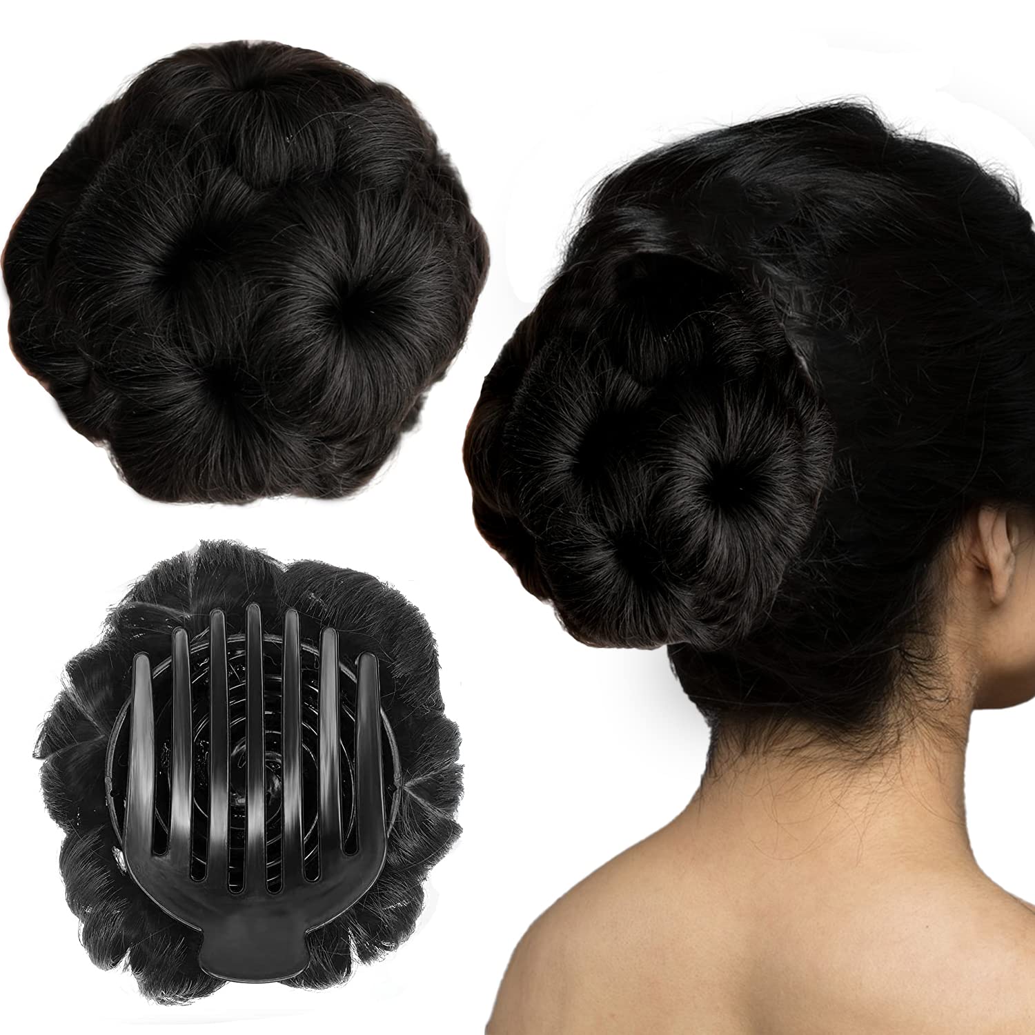 VIEWS Stylish Hair Bun Clip Extensions for Women - Artificial Fake Hair Donut Bun Maker - Black | Perfect for Updos, Ponytails & Special Occasions