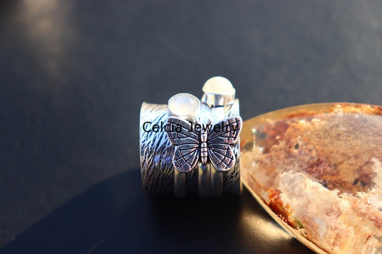 Moonstone Butterfly Spinner Ring - Handmade Double Gemstone Designer Jewelry for Women | June Birthstone Ring | Meditation & Stress Relief | US Size 7 | Perfect for Yoga, Gift Giving & Spiritual Healing