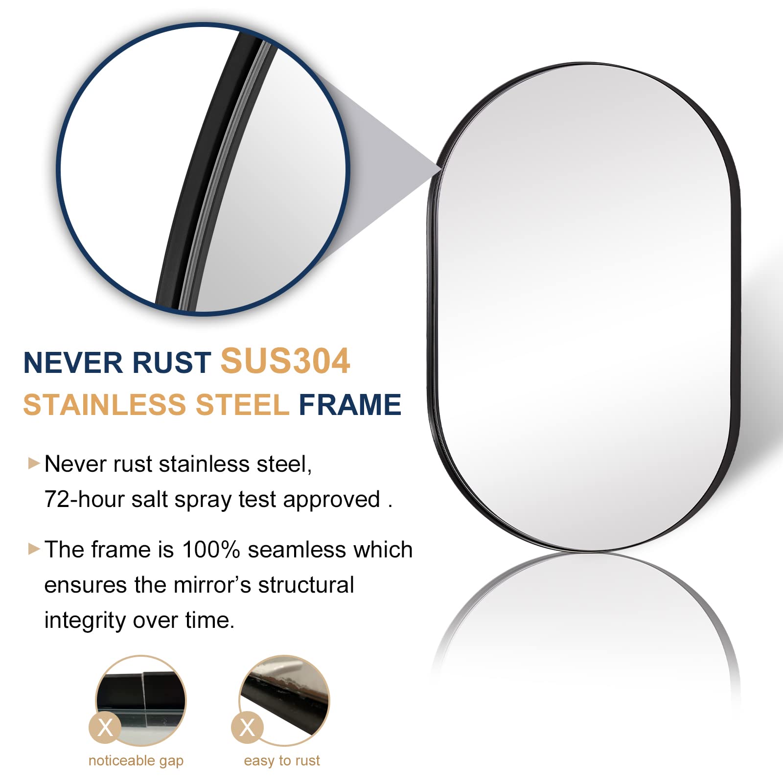 ANDY STAR 26x38 Inch Black Oval Wall Mirror with 1