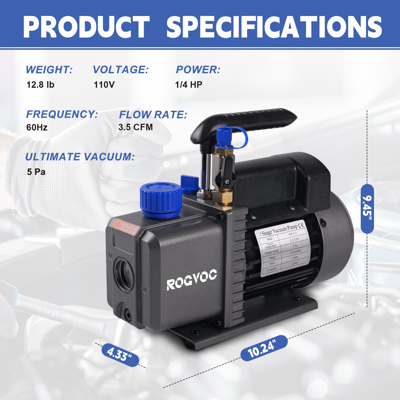 3.5 CFM 110V 1/4 HP Single Stage Rotary Vane Vacuum Pump for HVAC, Automotive AC Repair & Refrigerant Recharging - Compatible with R12, R22, R134a, R410a - Ideal for Professional Mechanics & DIY Car AC Maintenance