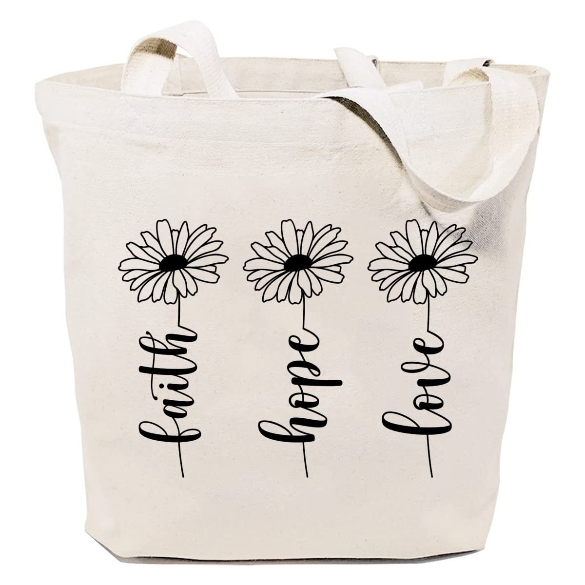 SAUIVD Faith Hope Love Eco-Friendly Tote Bag - Reusable Canvas Grocery Shopping Bag with Daisy Floral Design - Perfect for Church, Bible Study & Daily Errands