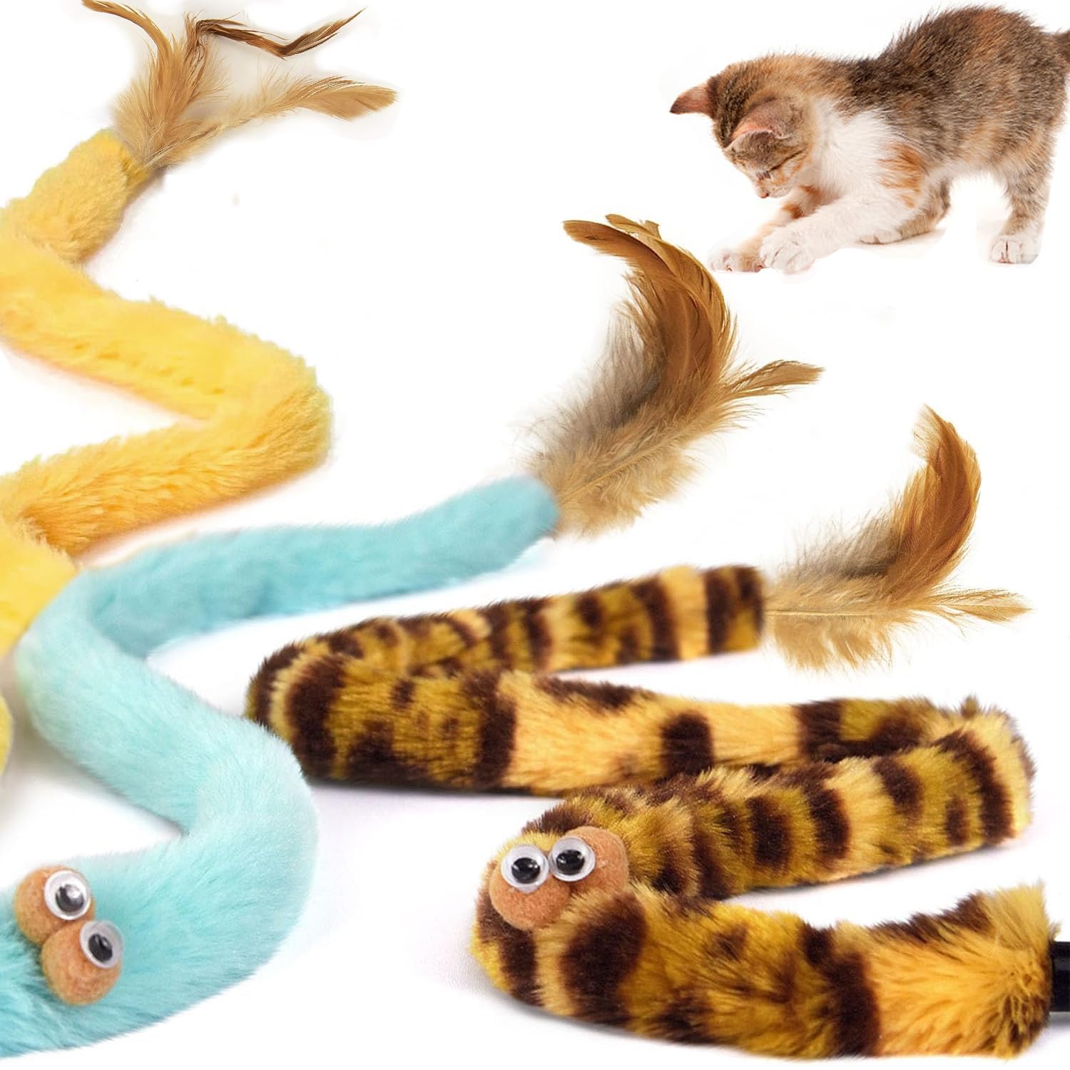 Interactive Cat Toys 3-Pack - Rainbow Wand, Feather Flips & Plush Ball for Indoor Play - Stimulating Teaser & Chase Exercise for Kittens - Perfect for Bonding, Playtime & Keeping Cats Active (Pack of 3)