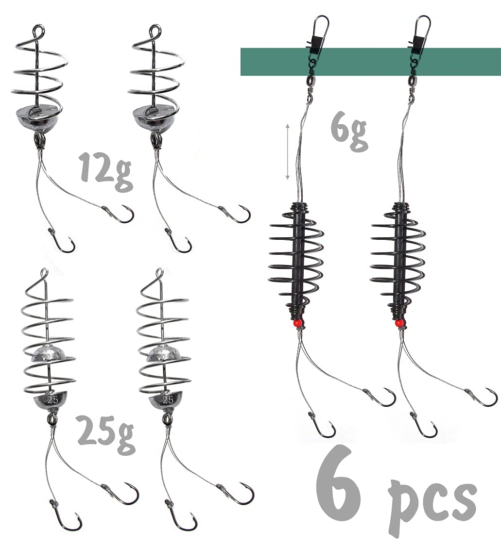 6pcs Carp Steel Spring Bait Fishing Feeder 5g 12g 25g - Durable Fishing Rig Hooks #4 #6 - Coarse Fishing Terminal Tackle for Carp, Catfish & Bottom Fishing - Perfect for Lake, River & Pond Fishing