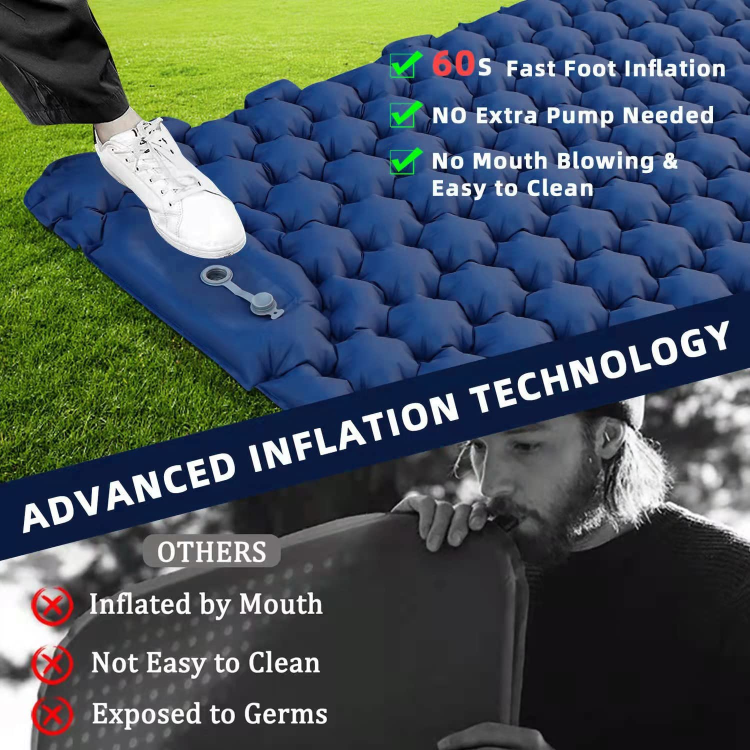 2 Person Camping Sleeping Pad with Air Pillow - Portable Inflatable Air Mattress for Backpacking, Hiking & Outdoor Adventures - Waterproof & Lightweight for Tent Camping