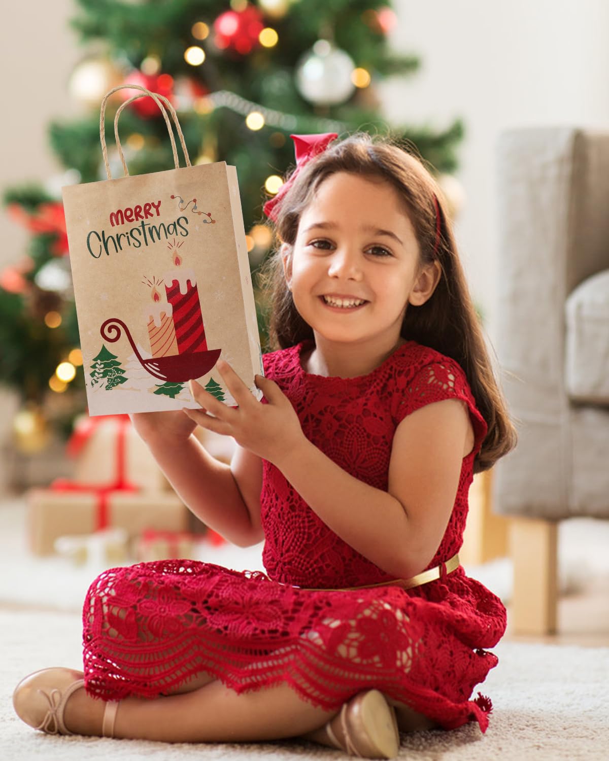 24 Pack Christmas Gift Bags - 6 Festive Designs Kraft Paper Gift Bags with Handles (8.26x5.90x3.14 Inches) - Reusable Holiday Present Bags for Xmas, Birthday, Party Favors & Gift Wrapping