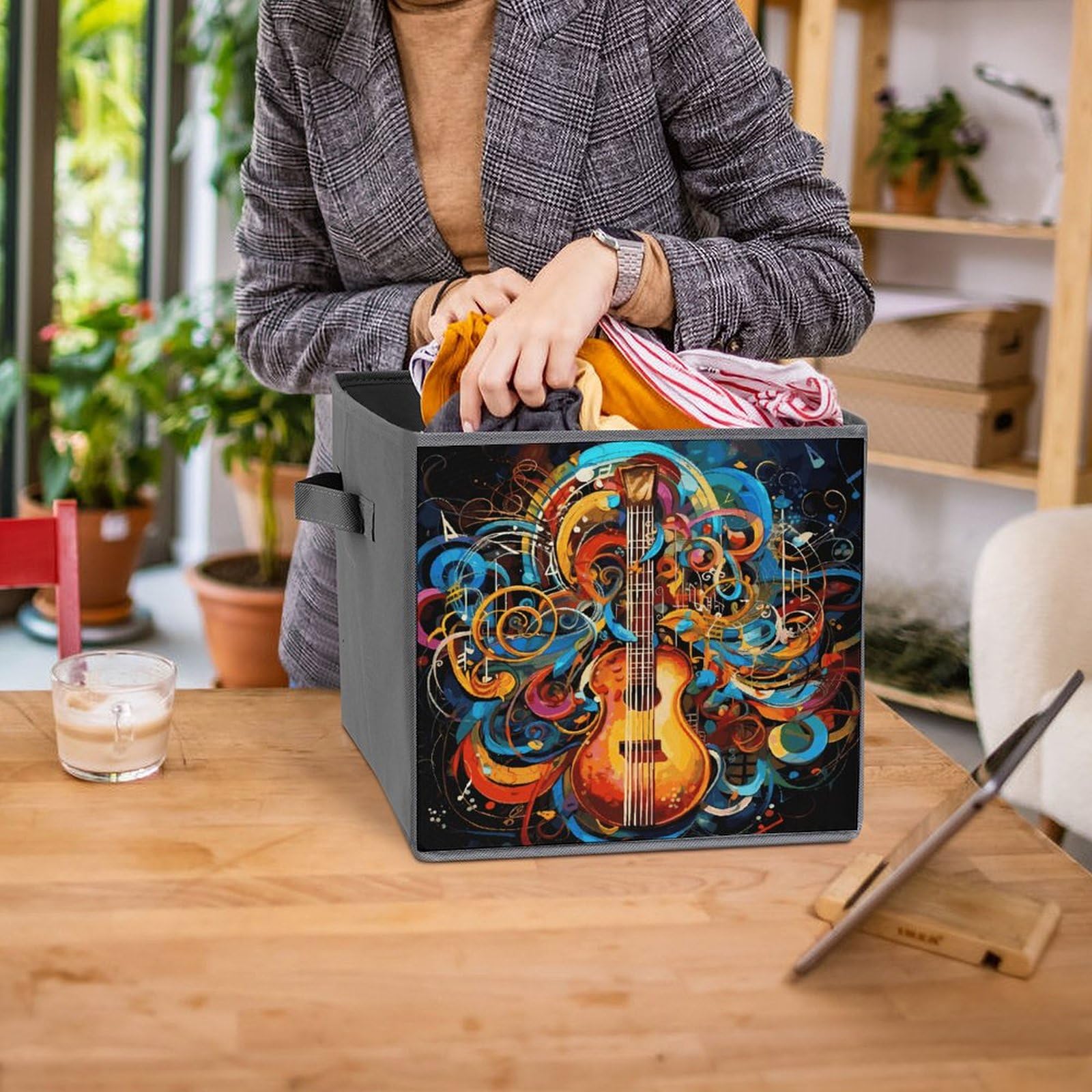 6-Piece Collapsible Storage Bins with Handles - Music Series Printed Foldable Organizing Baskets for Home, Office, Closet & Shelves - Space Saving Storage Containers for Household Organization & Decor