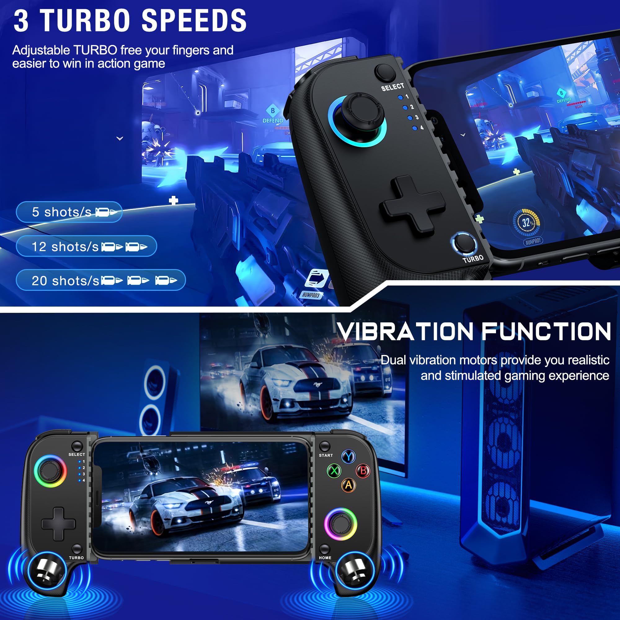 Wireless Mobile Game Controller for iPhone/Android - RGB Gaming Pad for Xbox/PS/Steam - Perfect for Minecraft & Mobile Gaming