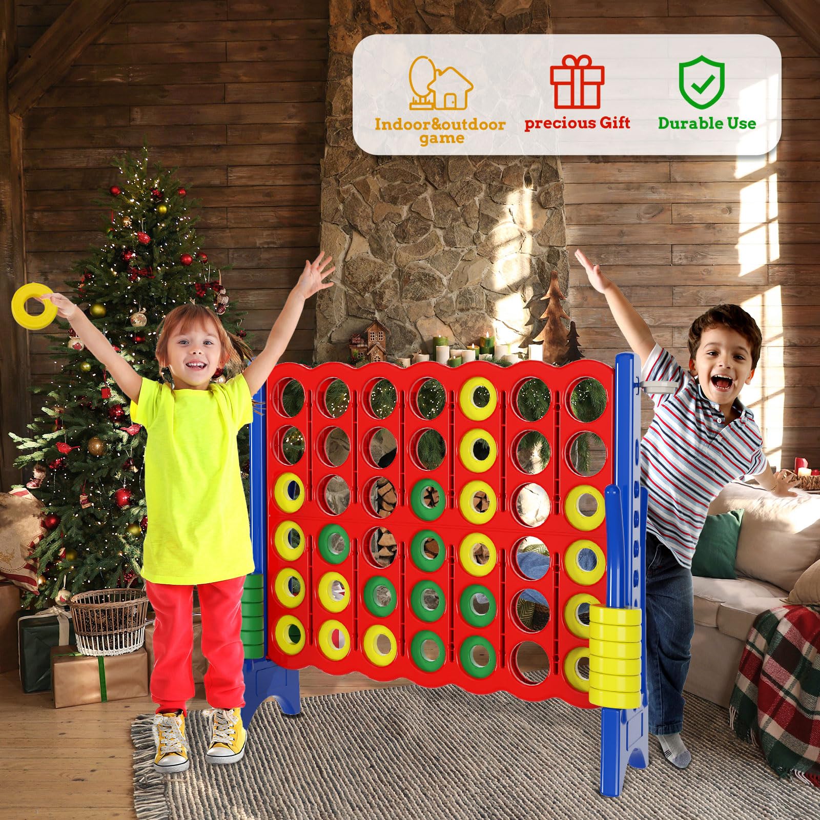 Giant 4 in a Row Connect Game Set - 4ft x 3.5ft Oversized Board with 44 Rings & Cup Holder - Includes Carry Bag for Easy Transport - Indoor & Outdoor Yard Games for Kids, Adults, Family - Perfect for Backyard Parties, BBQs, Picnics, and Beach Fun (Red & Blue)