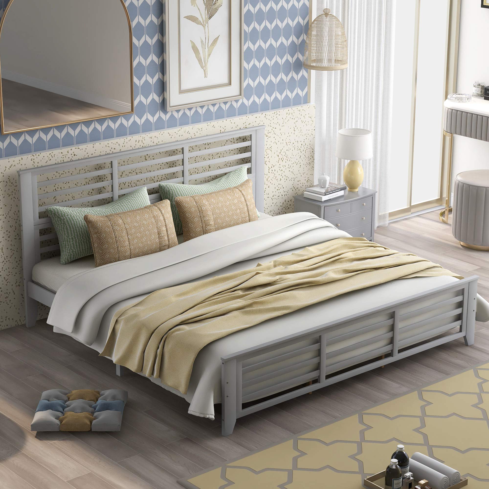 King Size Wooden Platform Bed Frame with Headboard & Footboard - No Box Spring Needed, Gray - Sturdy & Modern Bedroom Furniture for Master Bedroom or Guest Room