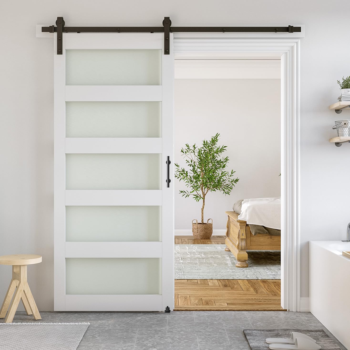 SmartStandard 36 x 84 Inch White Glass Barn Door with 6.6FT Sliding Hardware Kit - Pre-Drilled Ready to Assemble, Waterproof PVC Coating, 5-Panel Design for Bedroom, Closet or Office Partition