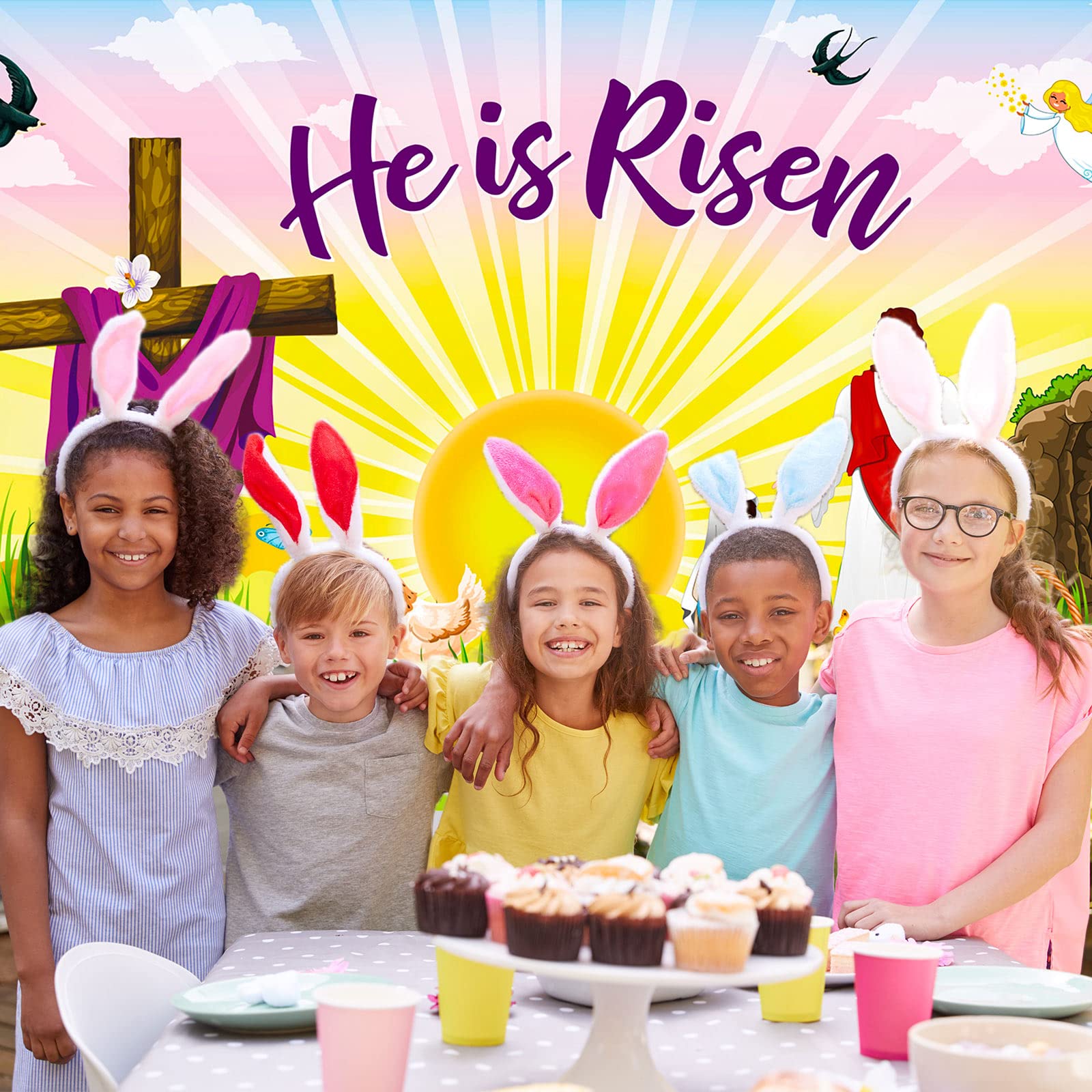 Easter Decor Backdrop - He is Risen Banner for Photo Booth & Party